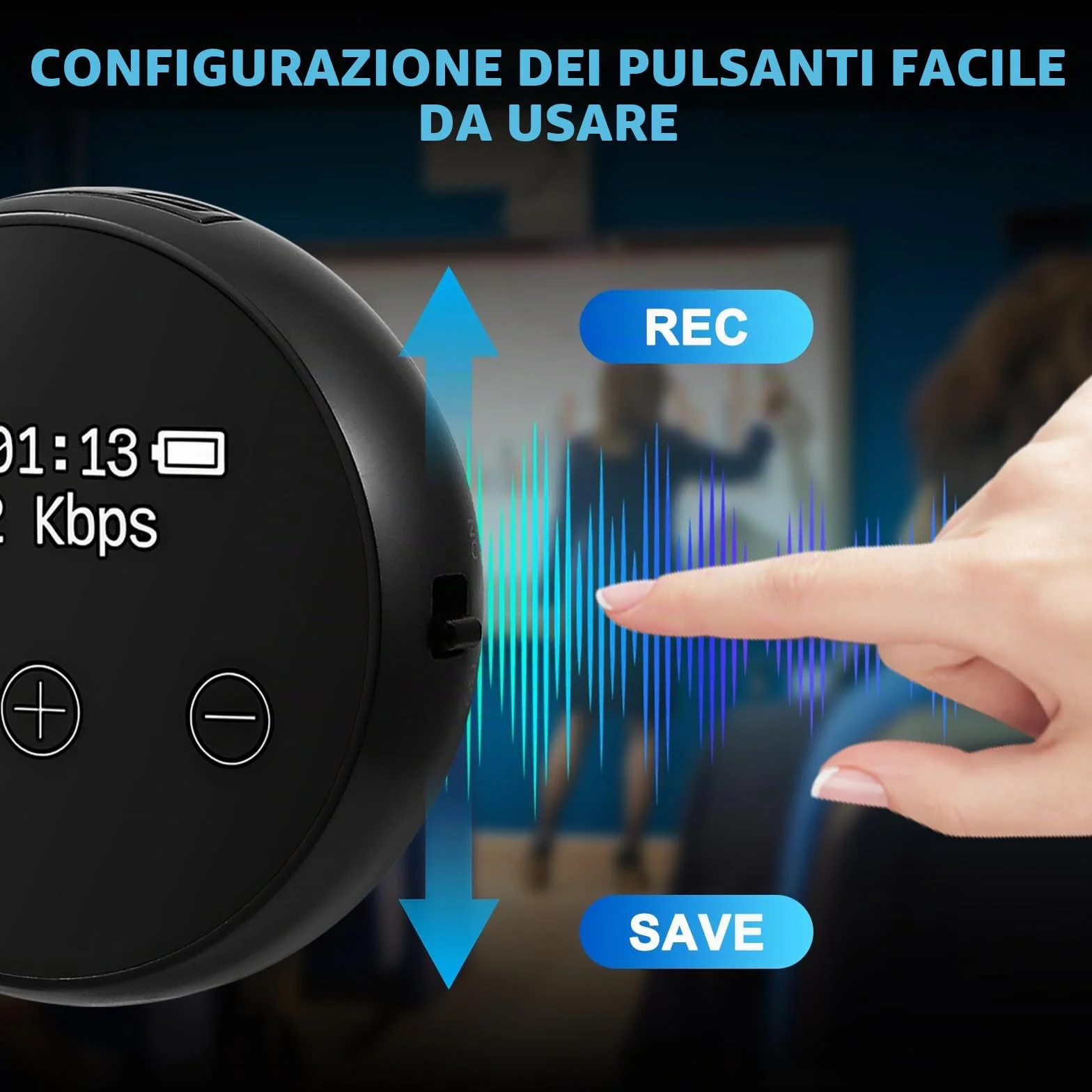 Dittafono digitale, 64 GB, 3072 Kbps, attivazione vocale, riduzione del rumore, ricarica USB, magnetico
