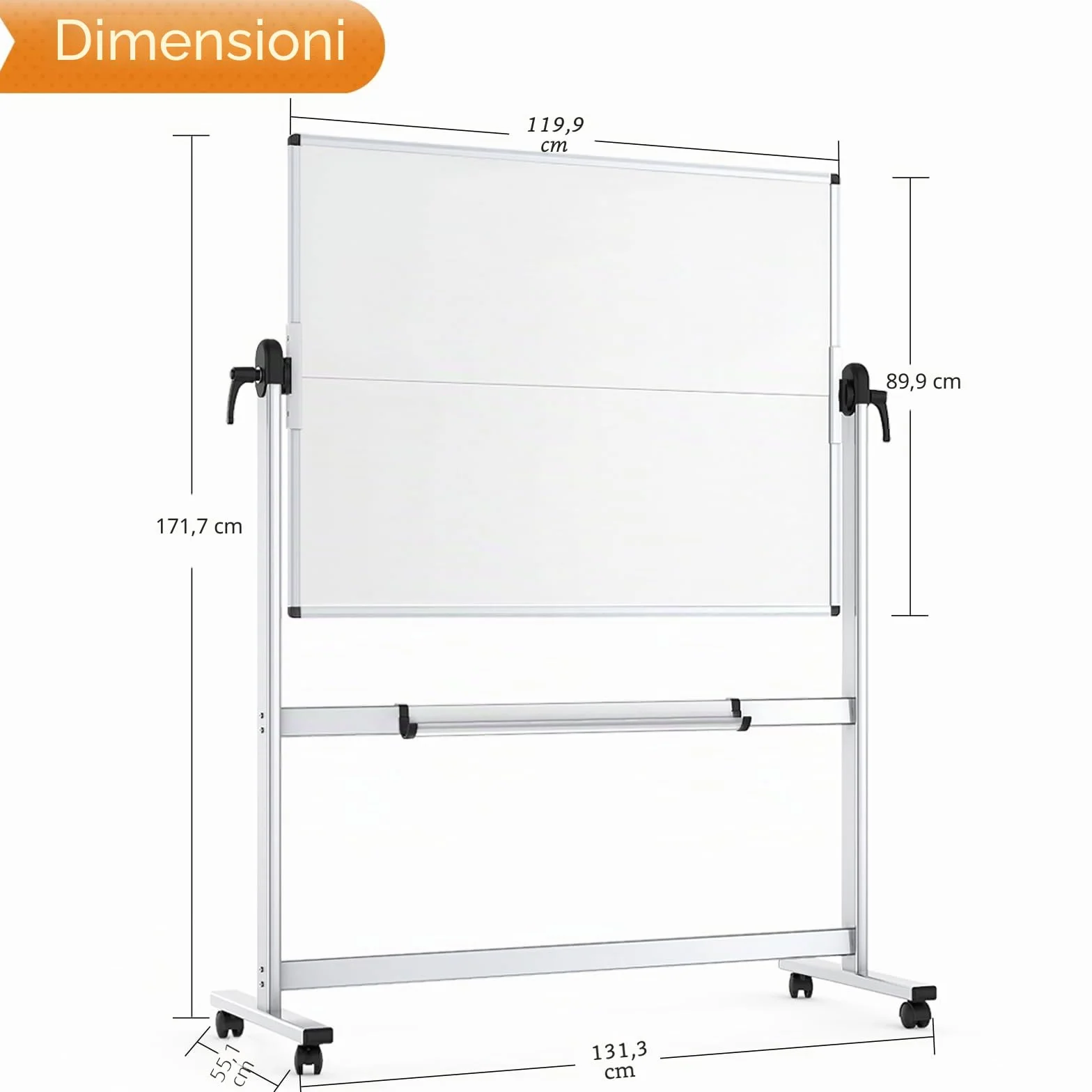 VIZ-PRO Lavagna bianca mobile bifacciale, 120 x 90 cm, lavagna bianca magnetica con rotella cancellabile a secco su ruote, telaio in alluminio e supporto