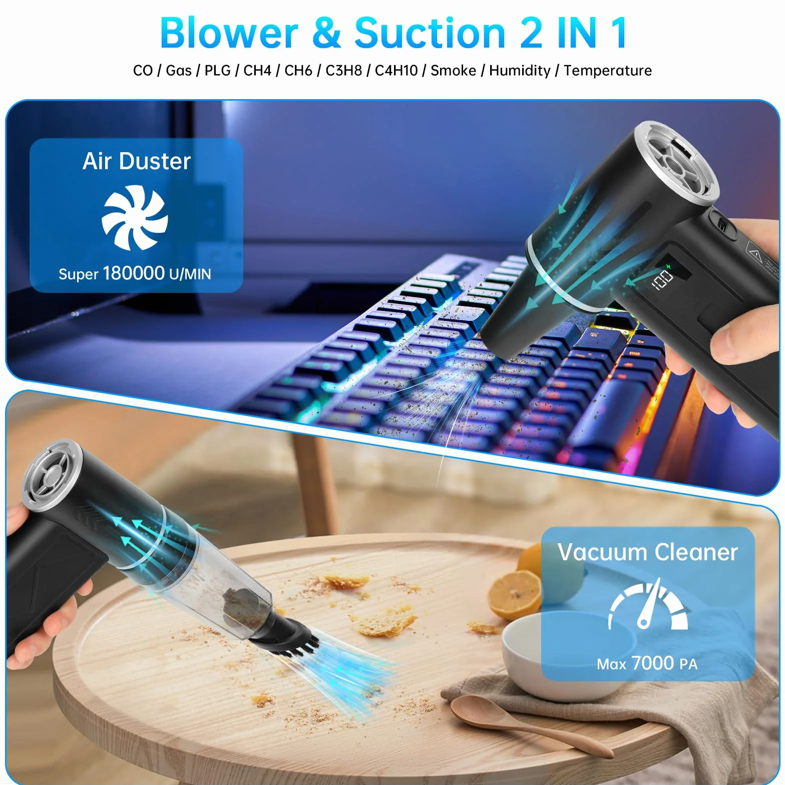 Soffiatore Aria Compressa 2-in-1 Air Duster Elettrico & Aspirapolvere 180000 RPM, Batteria 8000mAh, 100 Livelli di Velocità, Display Digitale, Kit Pulizia PC, Tastiera e Auto, USB-C (Nero)