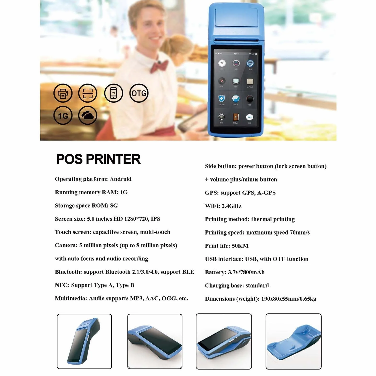 Registratore di Cassa Portatile multilingue con ordinazione Wireless Registratore di Cassa Portatile con Stampante POS Bluetooth