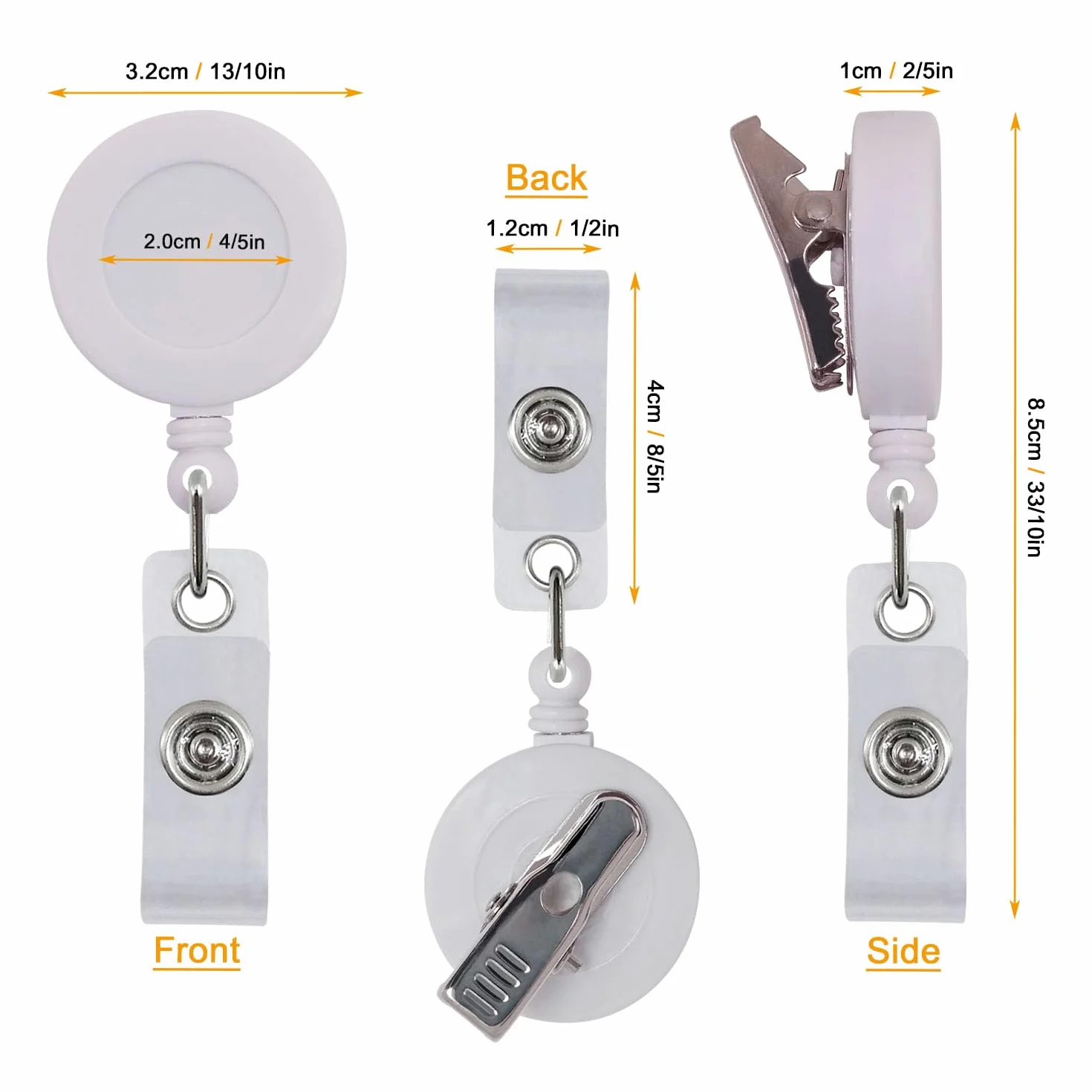 Premium Badges, confezione da 100 porta badge retrattili con clip a coccodrillo girevole, confezione da 100 pezzi, colore: bianco