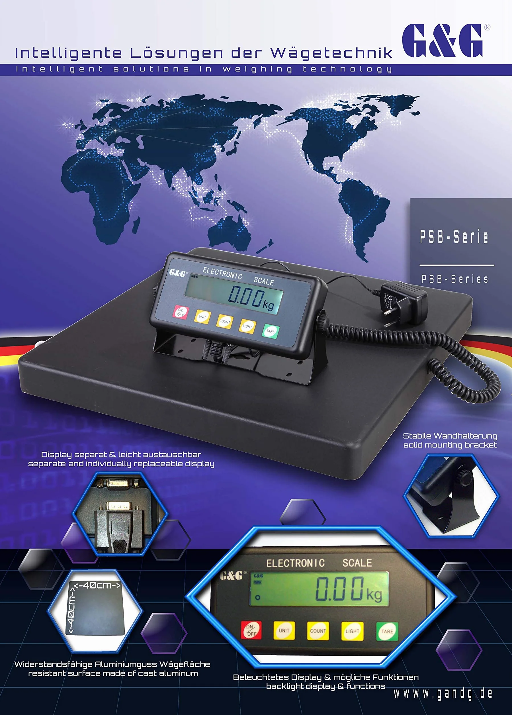 G&G, PSB75, Bilancia a piattaforma per pacchi, superficie di carico resistente in alluminio pressofuso, 40 x 40 cm, 75 kg/20 g, utilizzabile a batteria