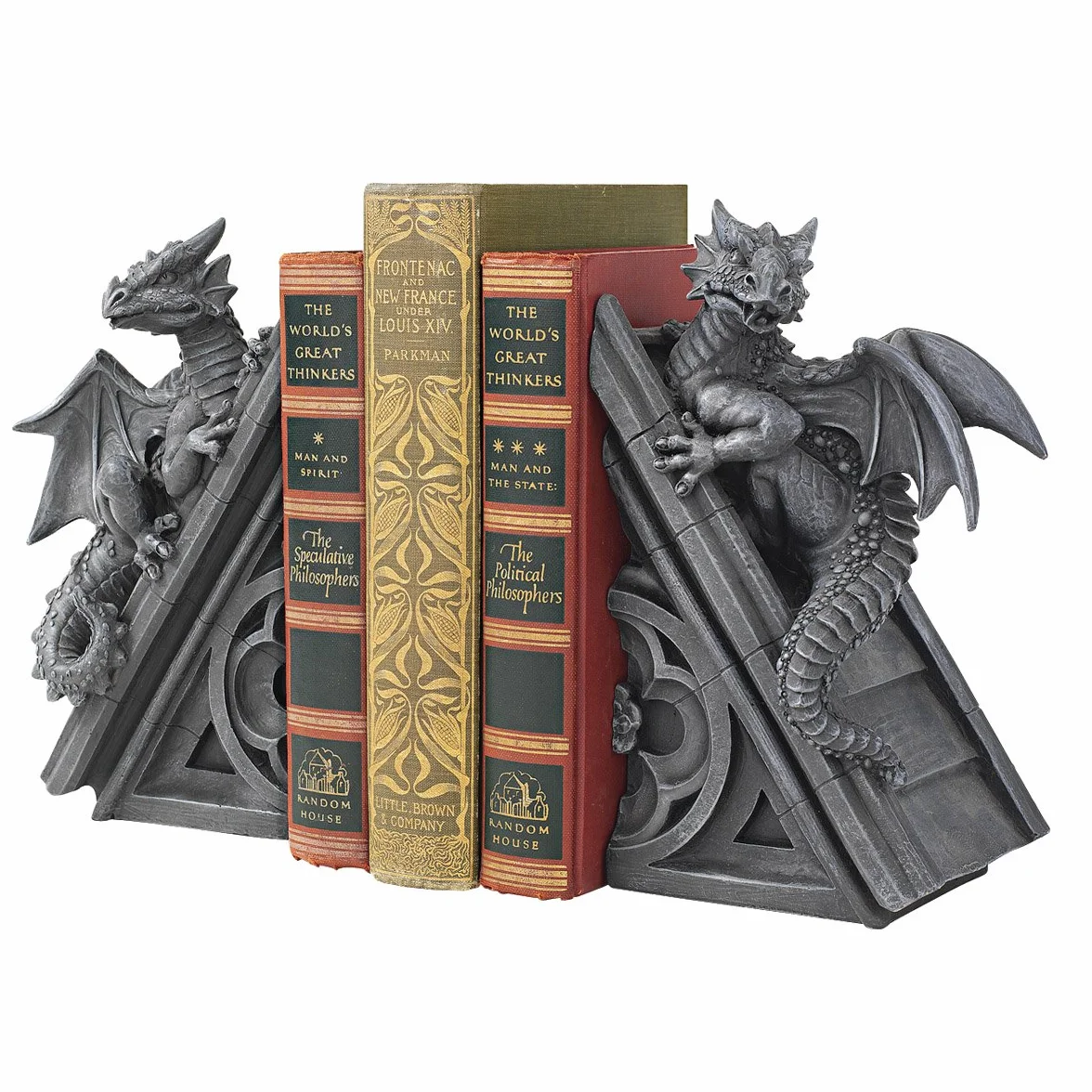 Design Toscano Decorazione in stile gotico Il Castello del Drago Statuette decorative reggilibri, poliresina, pietra grigia, 20,25 cm, confezione da due