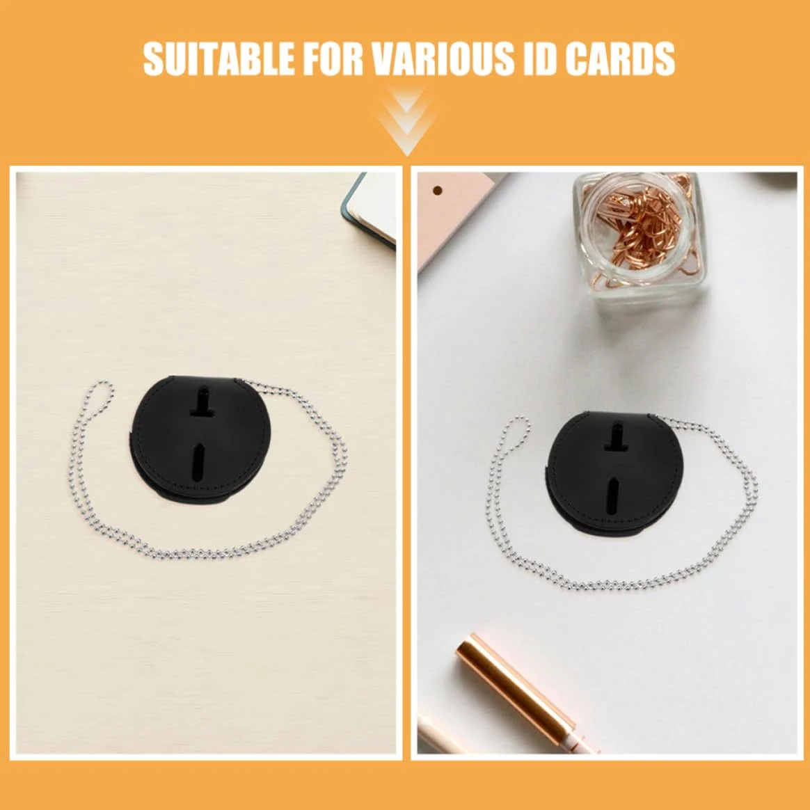 GALPADA Porta Badge in Pu Nero con Clip in Lega di Alluminio, Set da 7 Pezzi, Design Rotondo Moderno, con Catena, per Uso Quotidiano e Lavoro