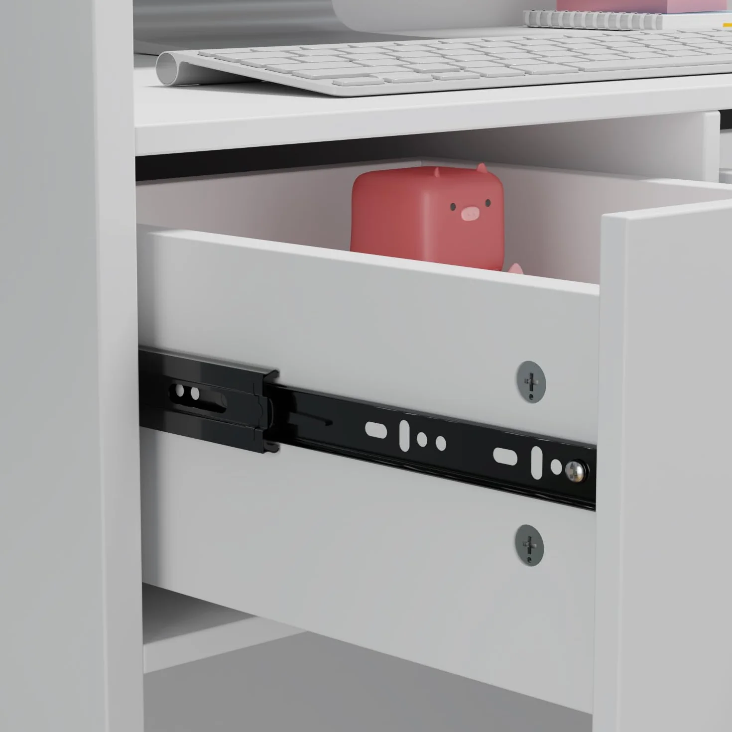 Banco reception, tavolo bancone per ufficio con 3 cassetti, disponibile, schermo privacy, bianco, MDF, maniglia in metallo, 110 x 120 x 48 cm