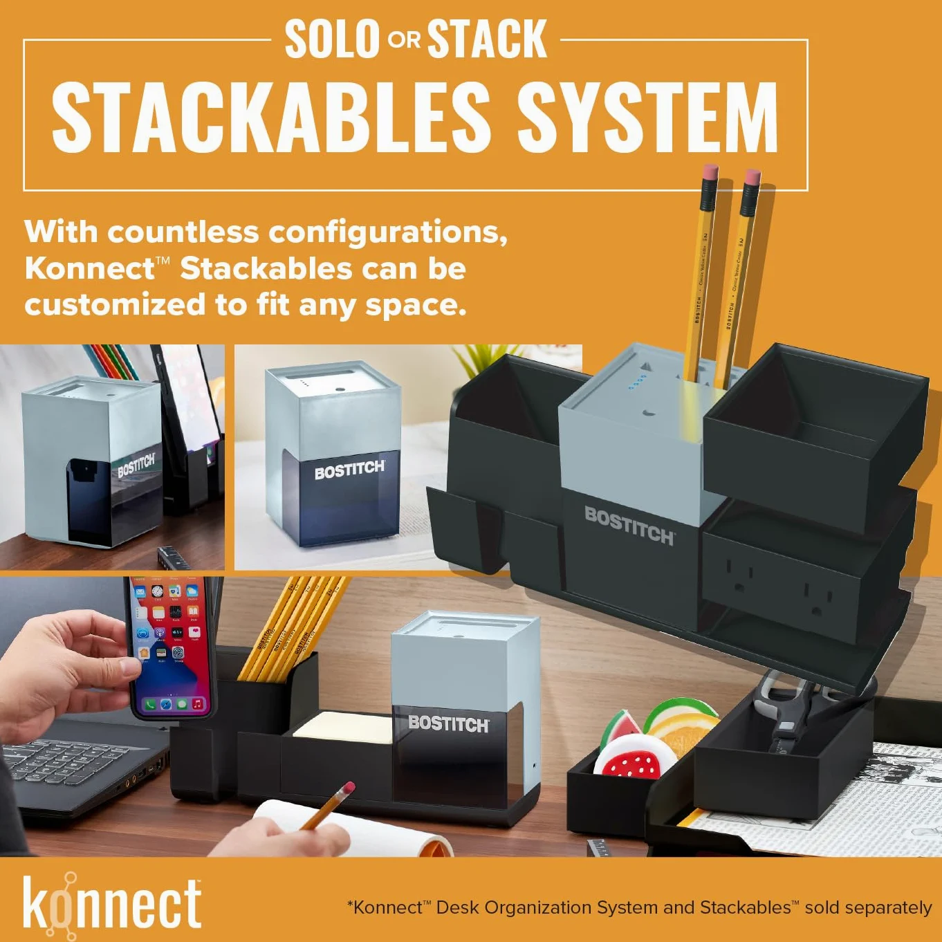 Bostitch Konnect - Temperamatite a batteria ricaricabile per organizer da scrivania KT2 n. 2/matite colorate, grigio