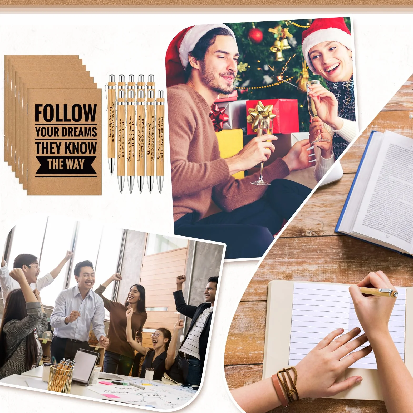 PerKoop 200 quaderni motivazionali in carta kraft, piccoli diari in bambù, penne ispiratrici per donne, uomini, ufficio, scuola, dipendenti, colleghi, insegnanti, volontari, regalo