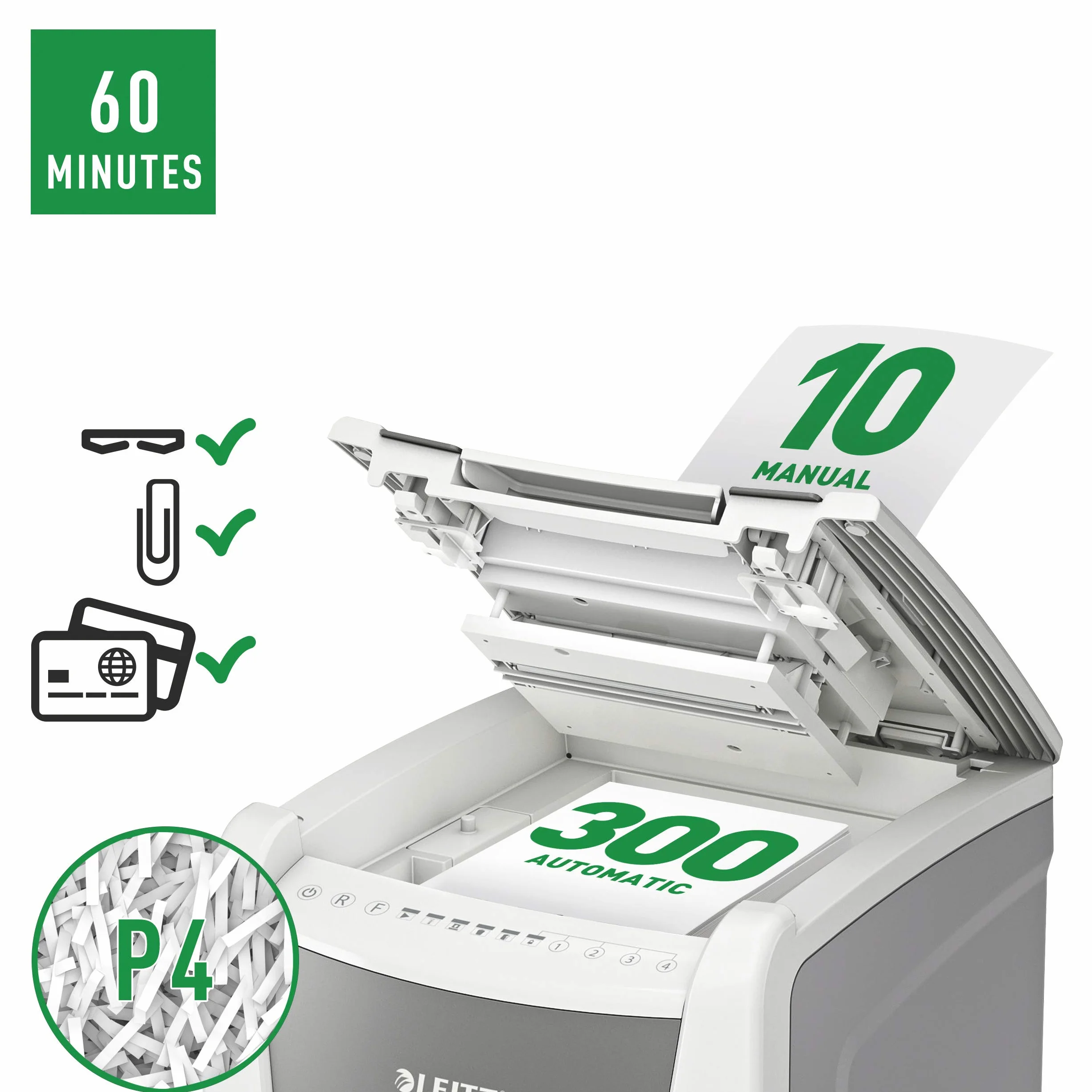 LEITZ IQ Autofeed 300 P-4 Office, Distruggidocumenti Automatico, 300 Fogli, Taglio a Frammenti, Sicurezza P-4, Capacità 60 litri, 80150000