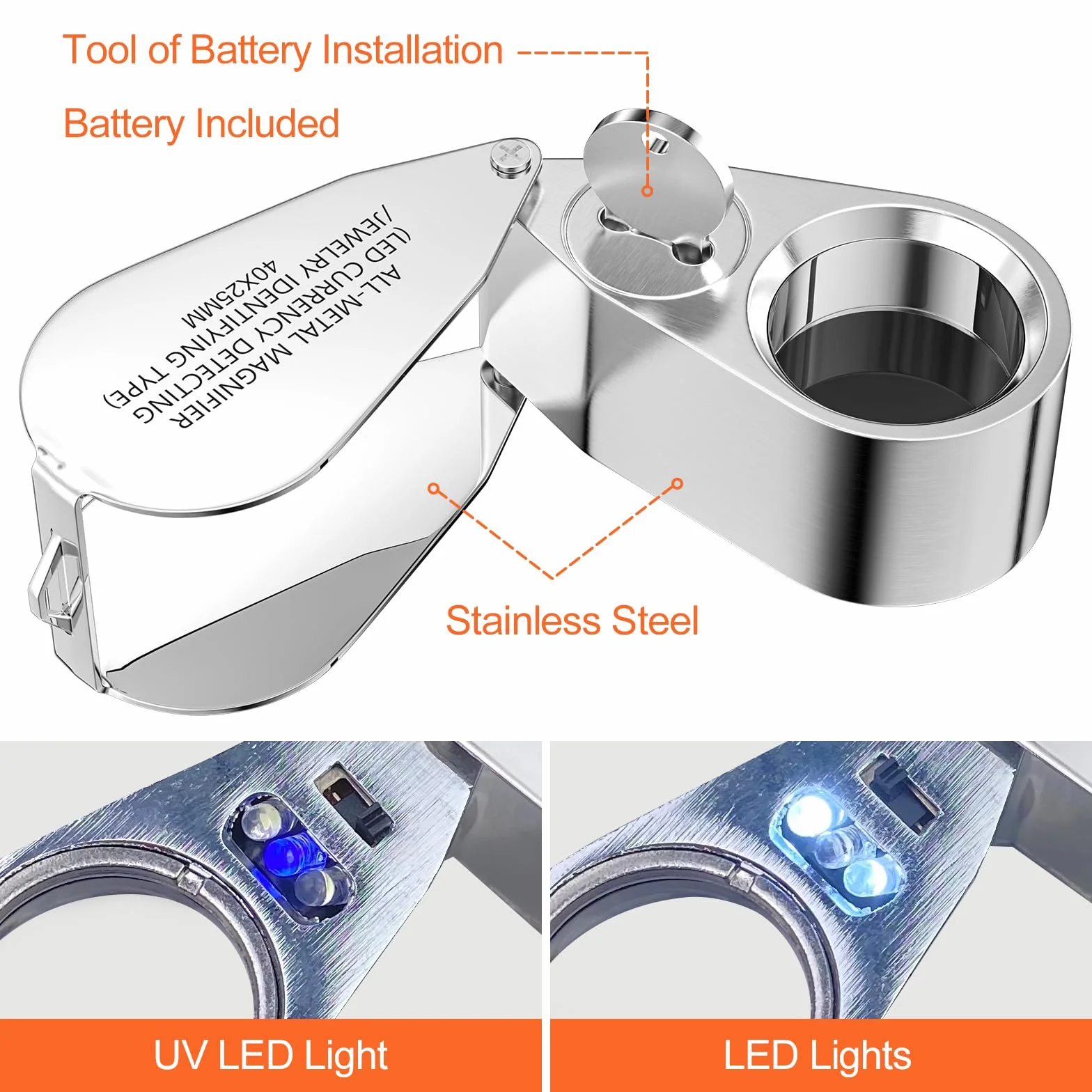 Uootach Lente D'ingrandimento 40x con LED UV, Pieghevole in Metallo per Gioielli Artigianato