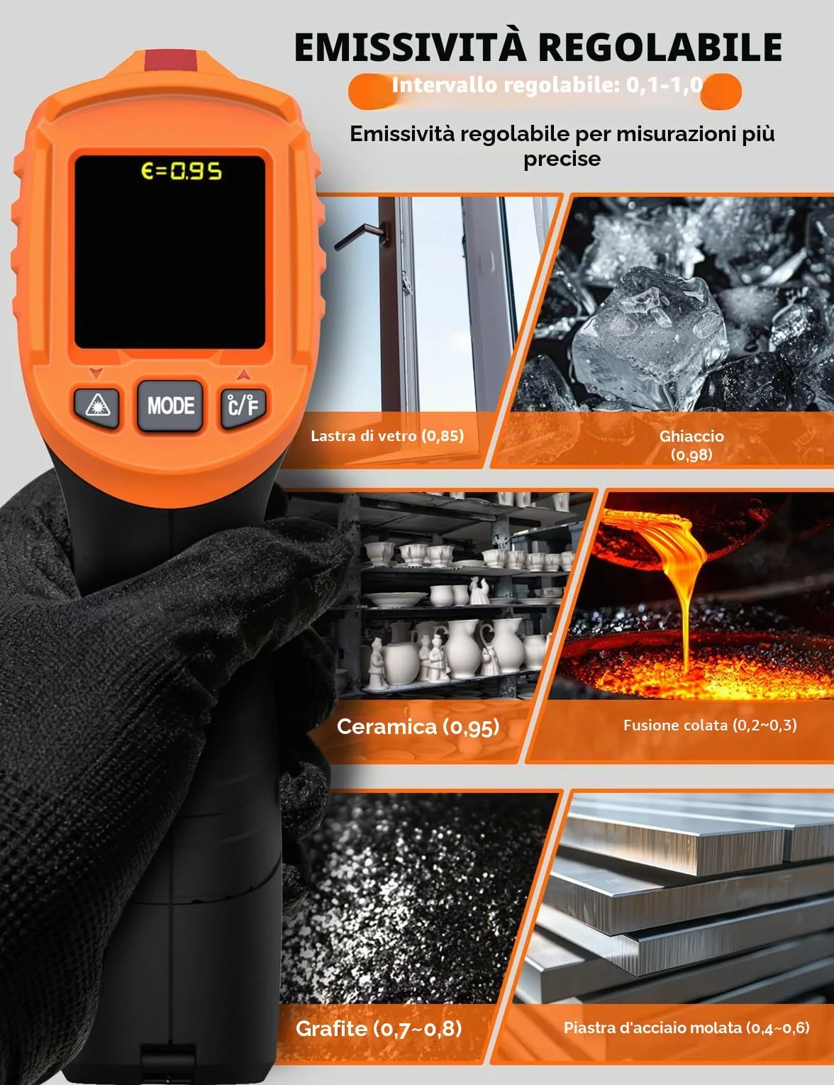 Termometro Infrarossi POROMETISTO 4 in 1, -50°C～800°C, Rilevamento Umidità, K-Sonda, Laser IR Pirometro Digitale
