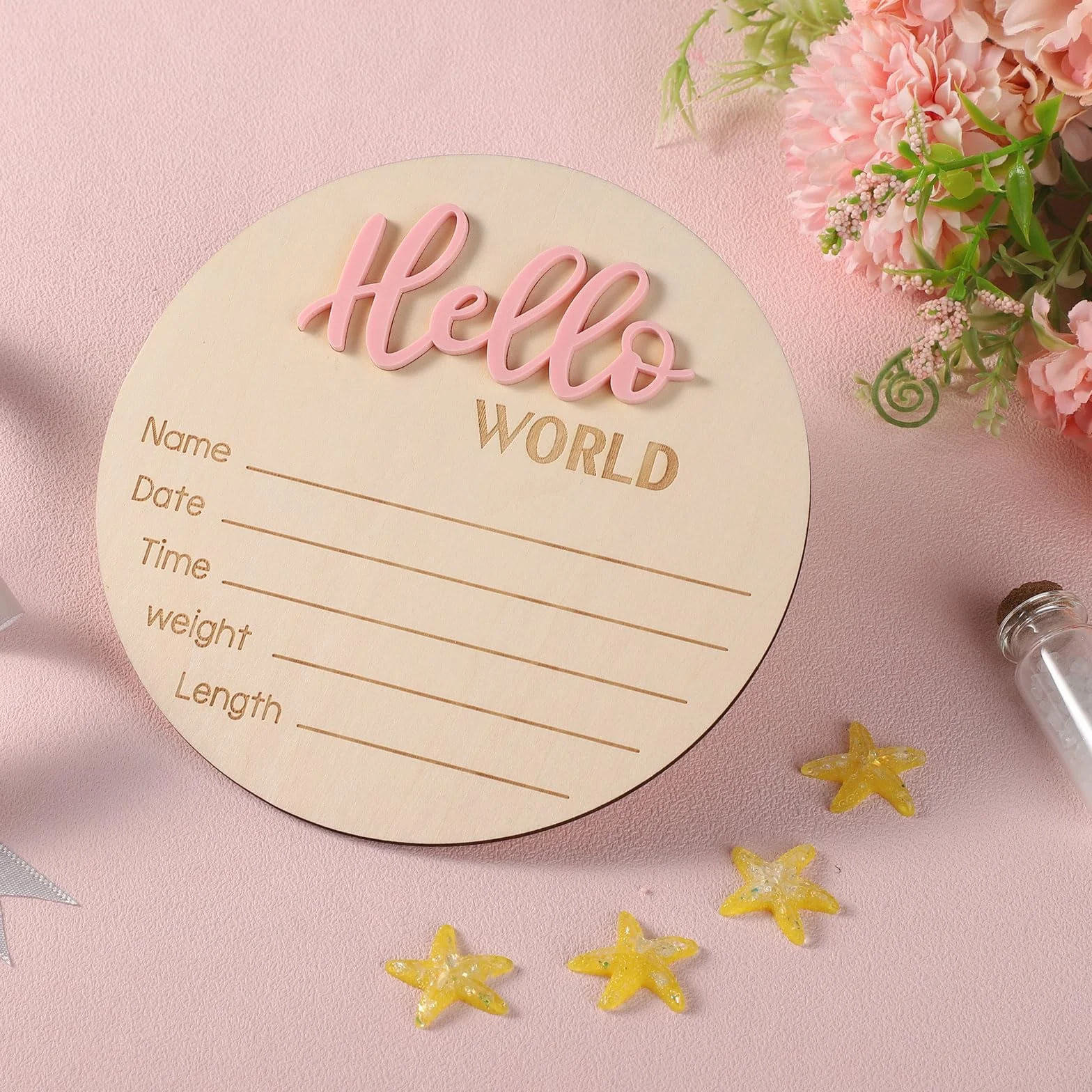 Cartello Annuncio Bambino in Legno 15cm Hello World Carte Milestone Neonato Rosa Chiaro