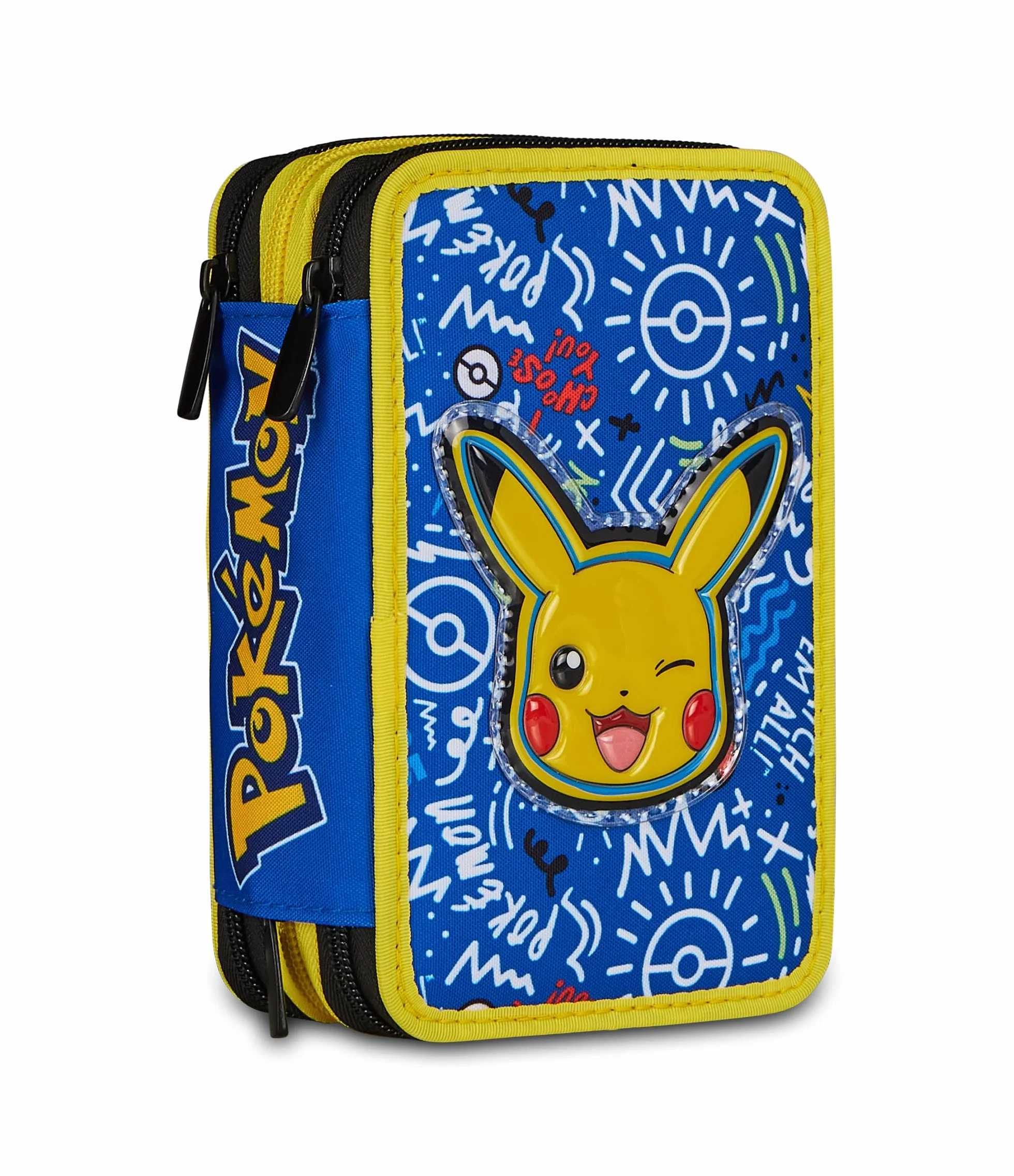 Seven Pokemon Astuccio 3 Zip, Triplo Scomparto, Completo di Matite, Pennarelli, Colori, Accessori Zaino, Elementari, Medie, Pikachu, Bambini e Bambine, giallo/blu