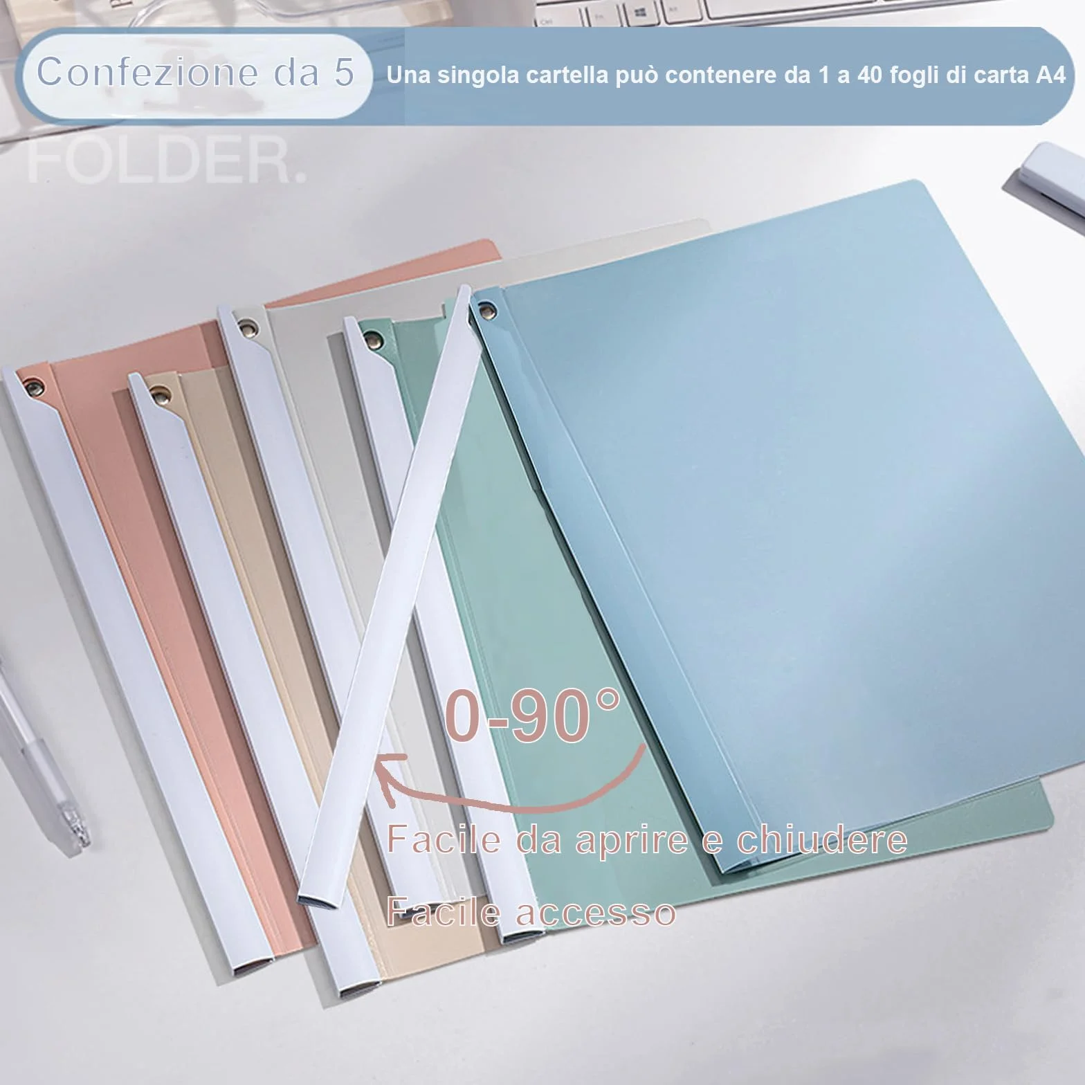 Rilegatura Fogli A4, Copertine con LEVA Girevole, Plastica, 5 Fogli Colori Sfumato