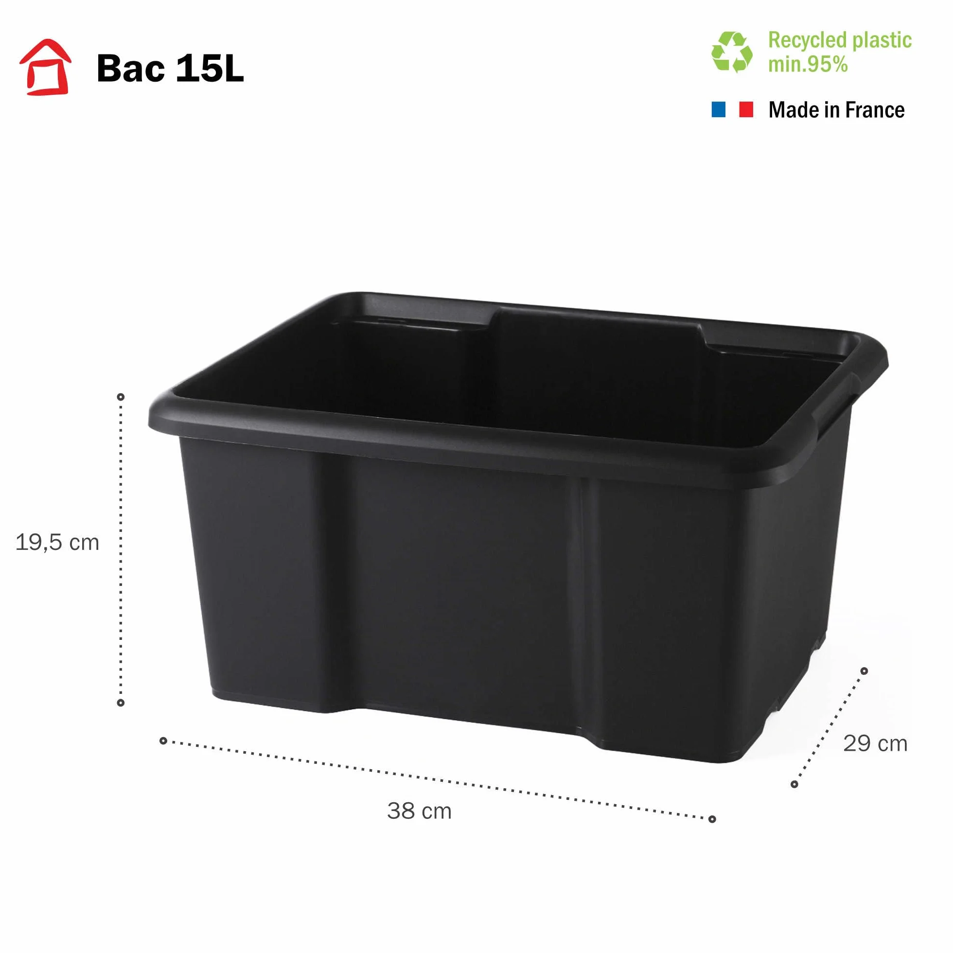 Sundis set di 10 scatole portaoggetti da 15L, nero, L.38xl.29x H19,5cm, in plastica riciclata, impilabili, ideale per l'officina, il bricolage o il trasporto