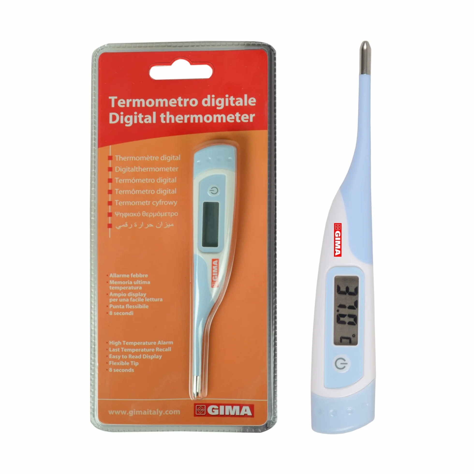 GIMA Termometro Digitale Istantaneo 8 Secondi °C/°F Punta Flessibile Impermeabile Display LCD Allarme Febbre