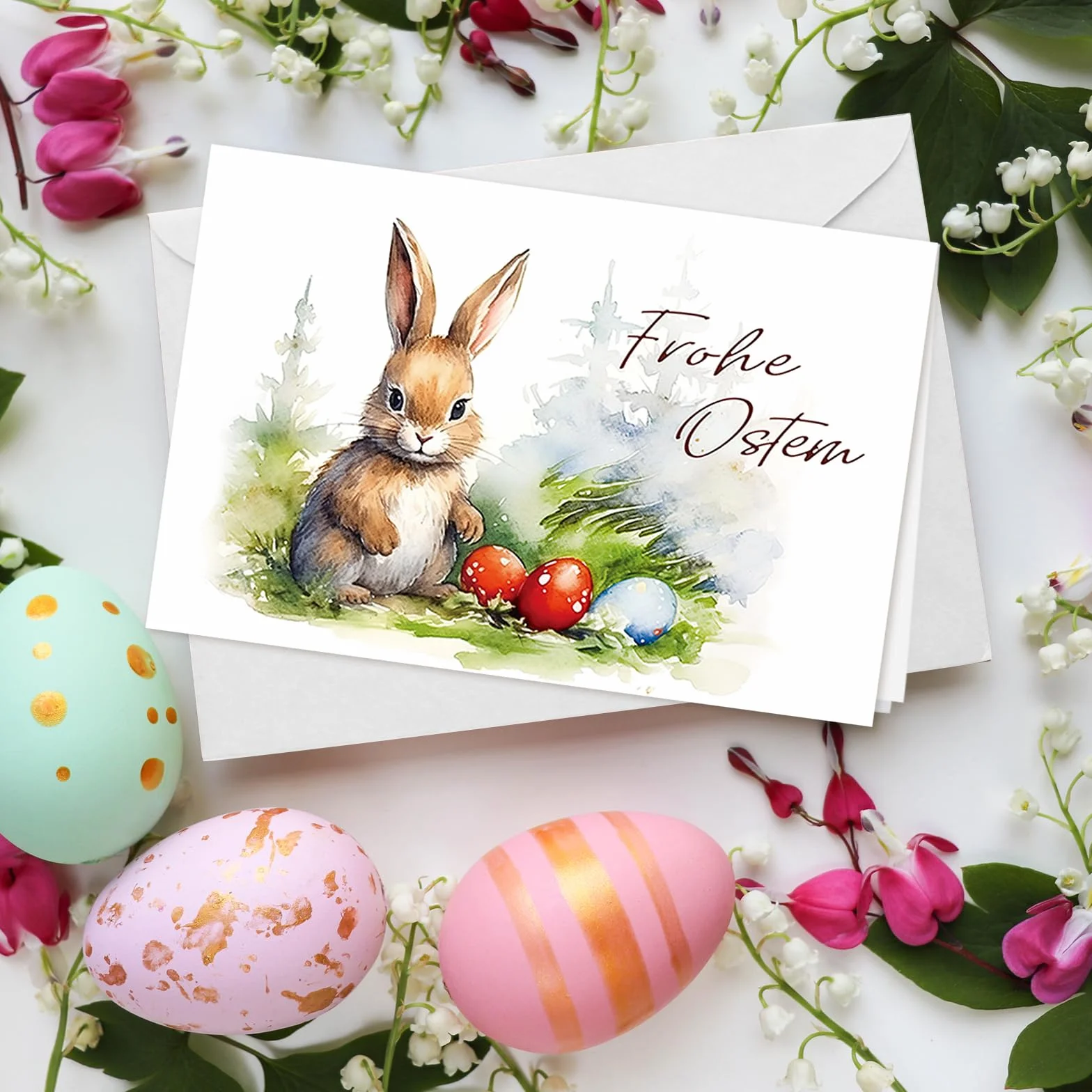 Zestaw 12 niemieckich kartek wielkanocnych z kopertami, otwieranych, z zajączkami i jajkami, Happy Easter