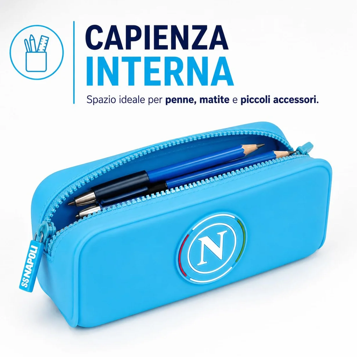Colourbook Astuccio SSC Napoli Azzurro Silicone Lavabile Portapenne Scuola Logo 3D Zip Gadget Calcio 19,5x7x5,5 cm