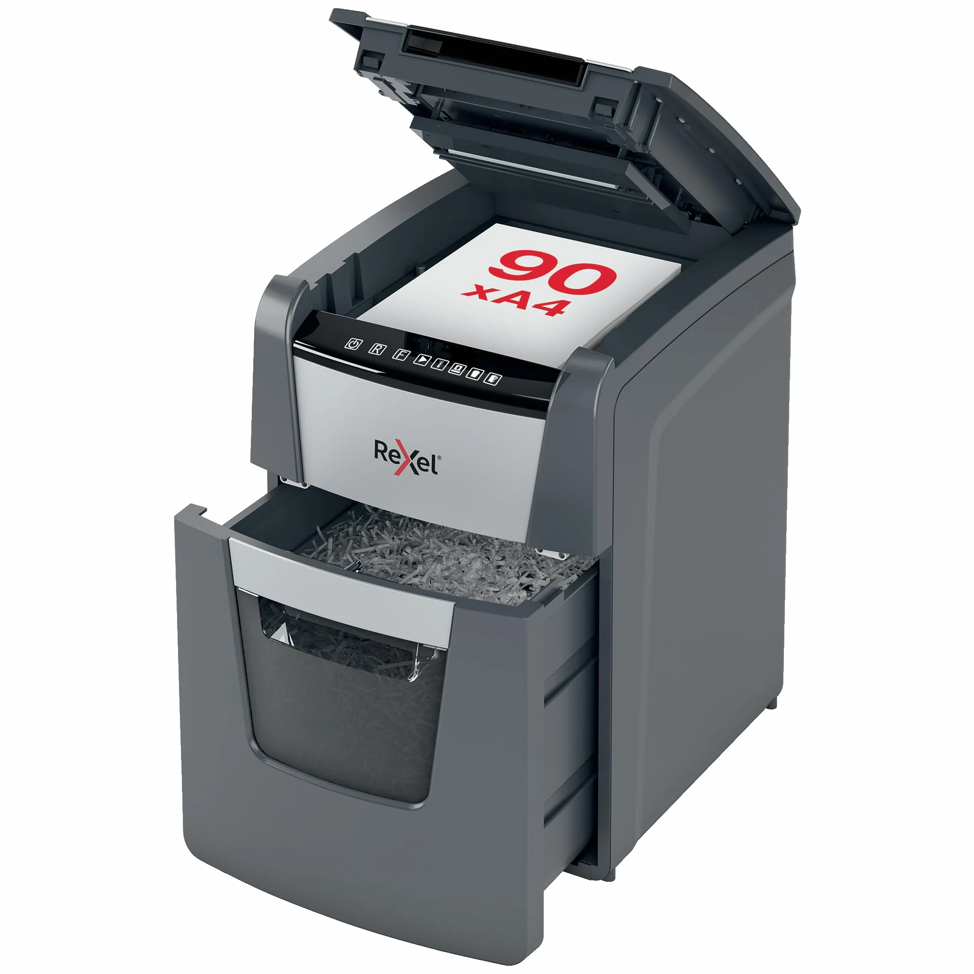REXEL Optimum Auto Feed+ 90X, Distruggi documenti Automatico, 90-99 Fogli (80-70 gr/mq), Taglio a Frammento, Livello di Sicurezza P-4, per la Casa e per l'Ufficio, Capacità 34 Litri, 2020090XEU