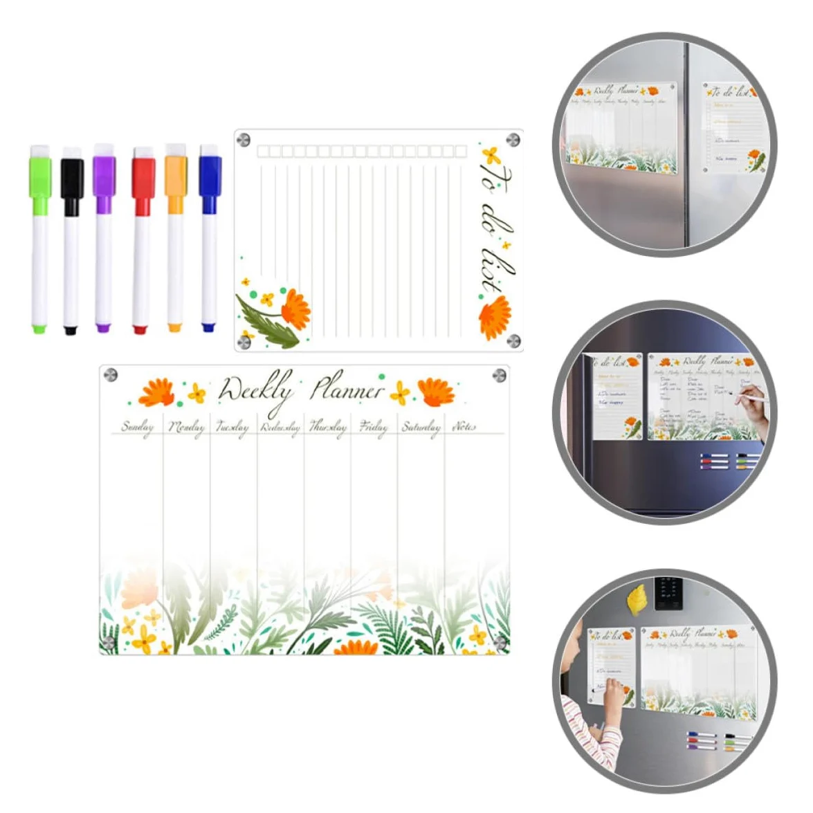 SOLUSTRE Lavagna Magnetica da Frigo in Acrilico Trasparente, Planner Mensile Riutilizzabile e Portatile per Promemoria e Condivisione Orari, Set 8 Pezzi Formato A3+a4