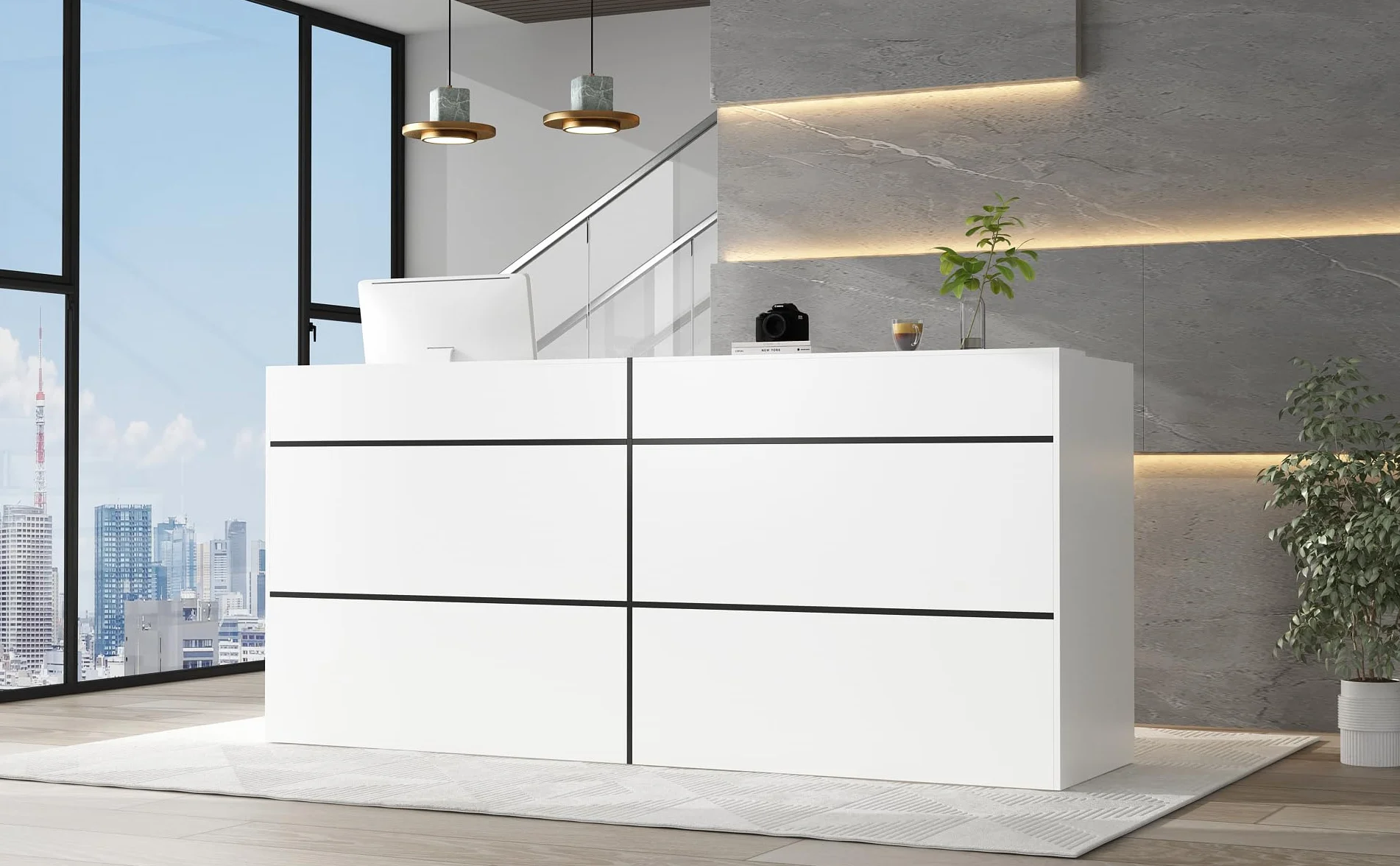 Grande bancone di ricezione con grande superficie di lavoro, casse di ricevimento, banco di reception, bancone negozio, banco di vendita, mobile reception, bianco, MDF, 220 cm x 60 cm x 100 cm