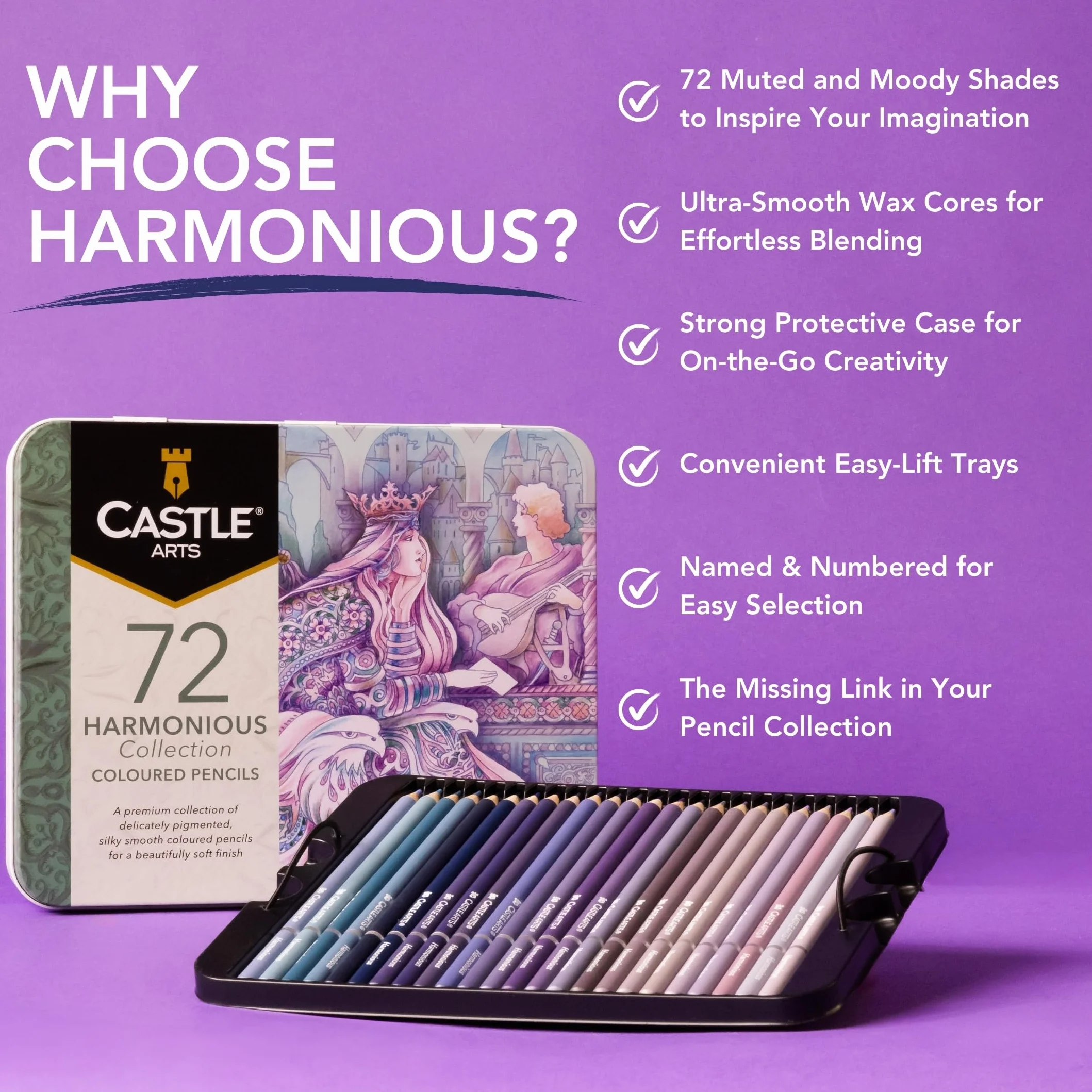Castle Art Supplies Set di 72 matite colorate Harmonious | Matite colorate a base di cera e dal nucleo morbido per una sfumatura esperta | Palette unica di colori tenui e lunatici per artisti adulti