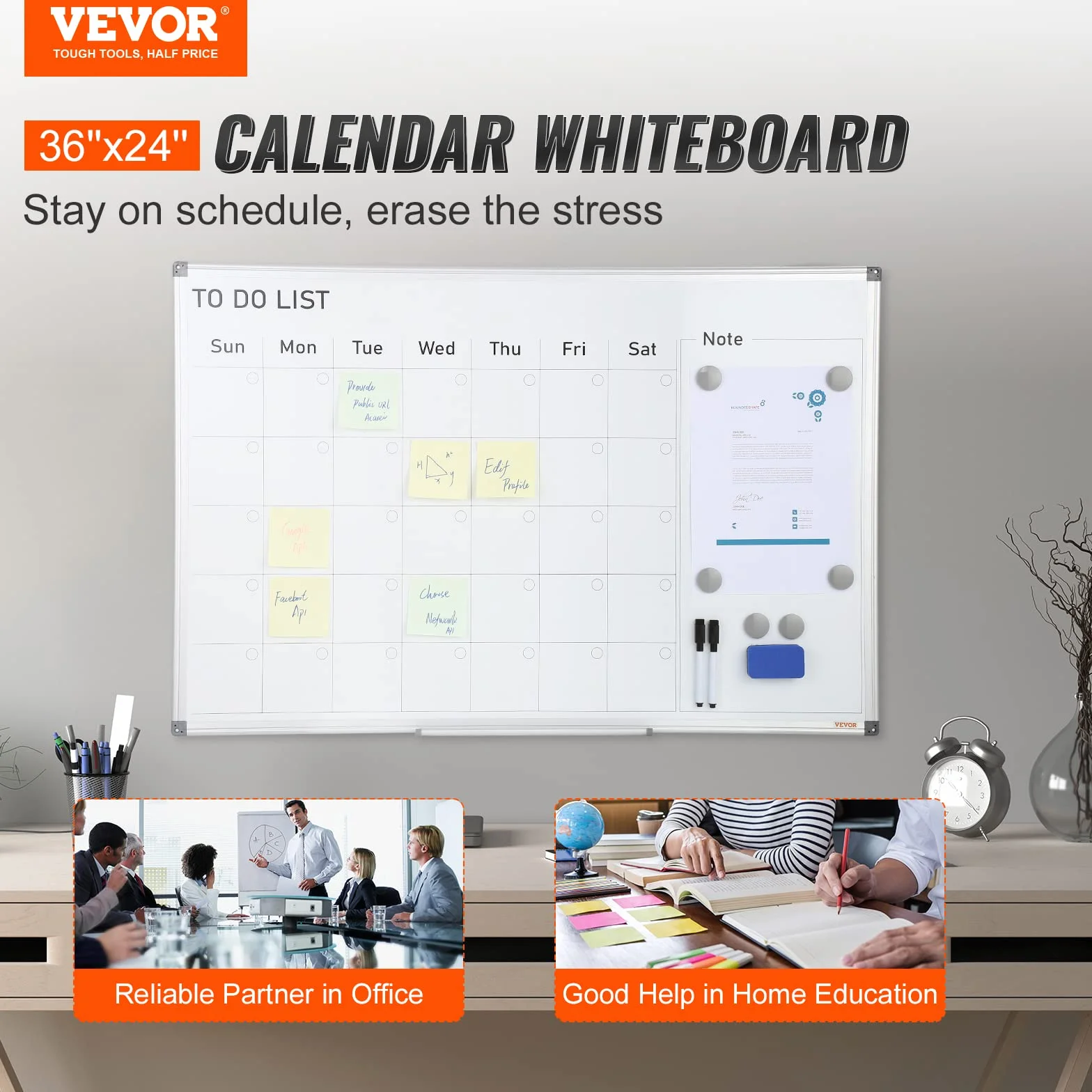 VEVOR Lavagna Magnetica Bianca da Parete Area Scrittura 87,6 x 57,1 cm con Calendario Agenda per Ufficio Aula Casa, Lavagna Bianca Magnetica Murale Cancellabile a Secco con Calendario Agenda Mensile