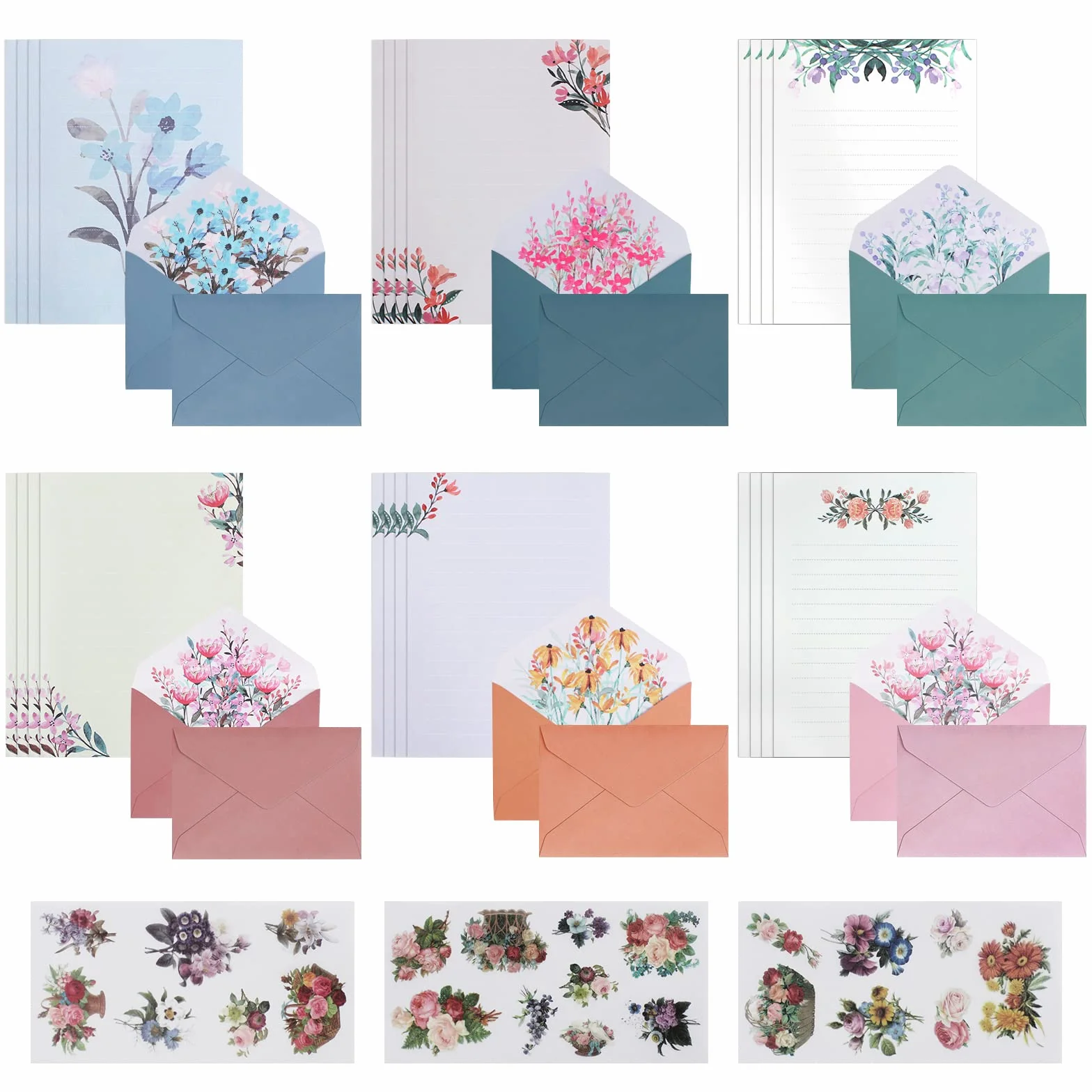 Set Di Lettere e Buste Florali: 24 Pezzi Carta Da Lettere Con 3 Adesivi Decorati, 12 Buste Per Matrimonio, Regali e Inviti (6 Stili)