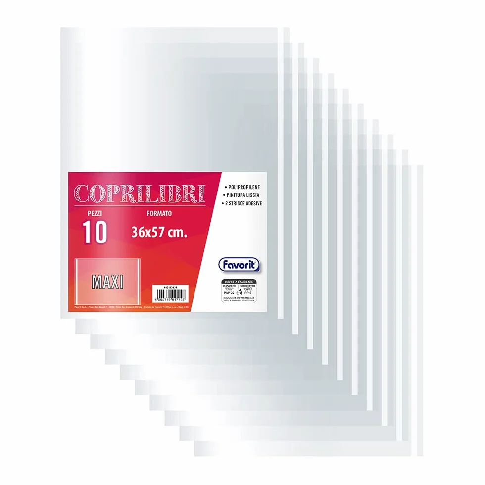 Favorit Coprilibri Formato Maxi 36 x 57 Trasparenti, Finitura Liscia, Conf. 10 pezzi