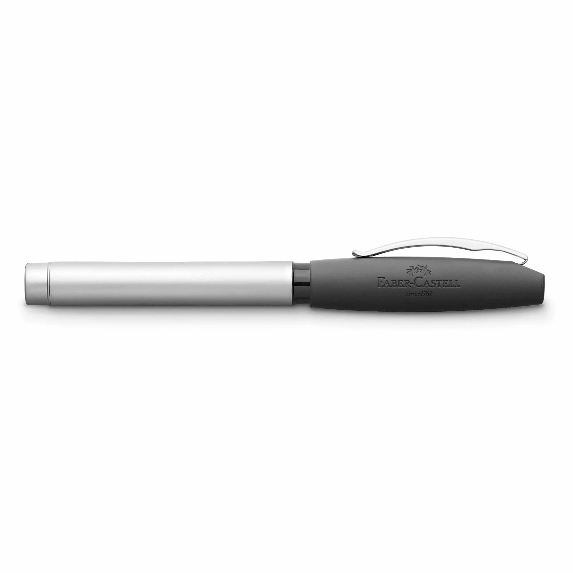 Faber-Castell 148521 - Penna stilografica Basic in metallo, pennino: F (fine), Argento opaco, nero | Fusto in metallo cromato opaco con impugnatura morbida ergonomica