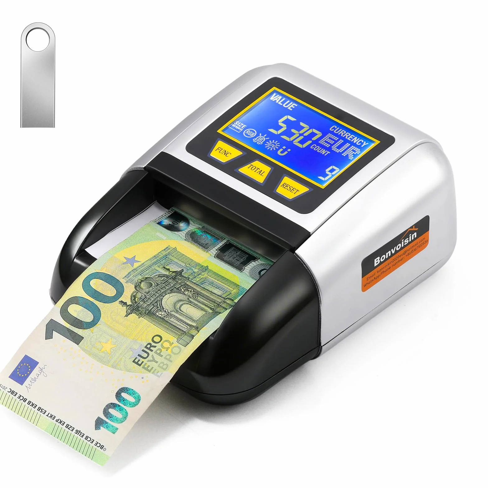 Bonvoisin Verificatore di Banconote, Rilevatore Falsi con UV/IR/MG, Portatile Testare con Funzione Valore Totale, Batteria Ricaricabile, 4 Orientamenti, Compatibile EUR/USD/GBP Ecc., Schermo LCD (A)