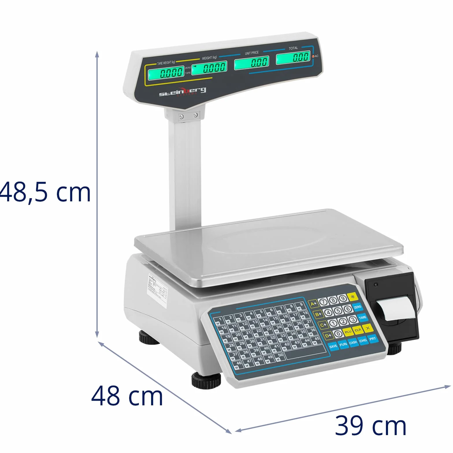 Steinberg Systems SBS-EBS-101 Selezionatrice ponderale 30 kg / 15 g Calcolo del prezzo e stampante di etichette Display LC Bilancia da banco con stampante etichette