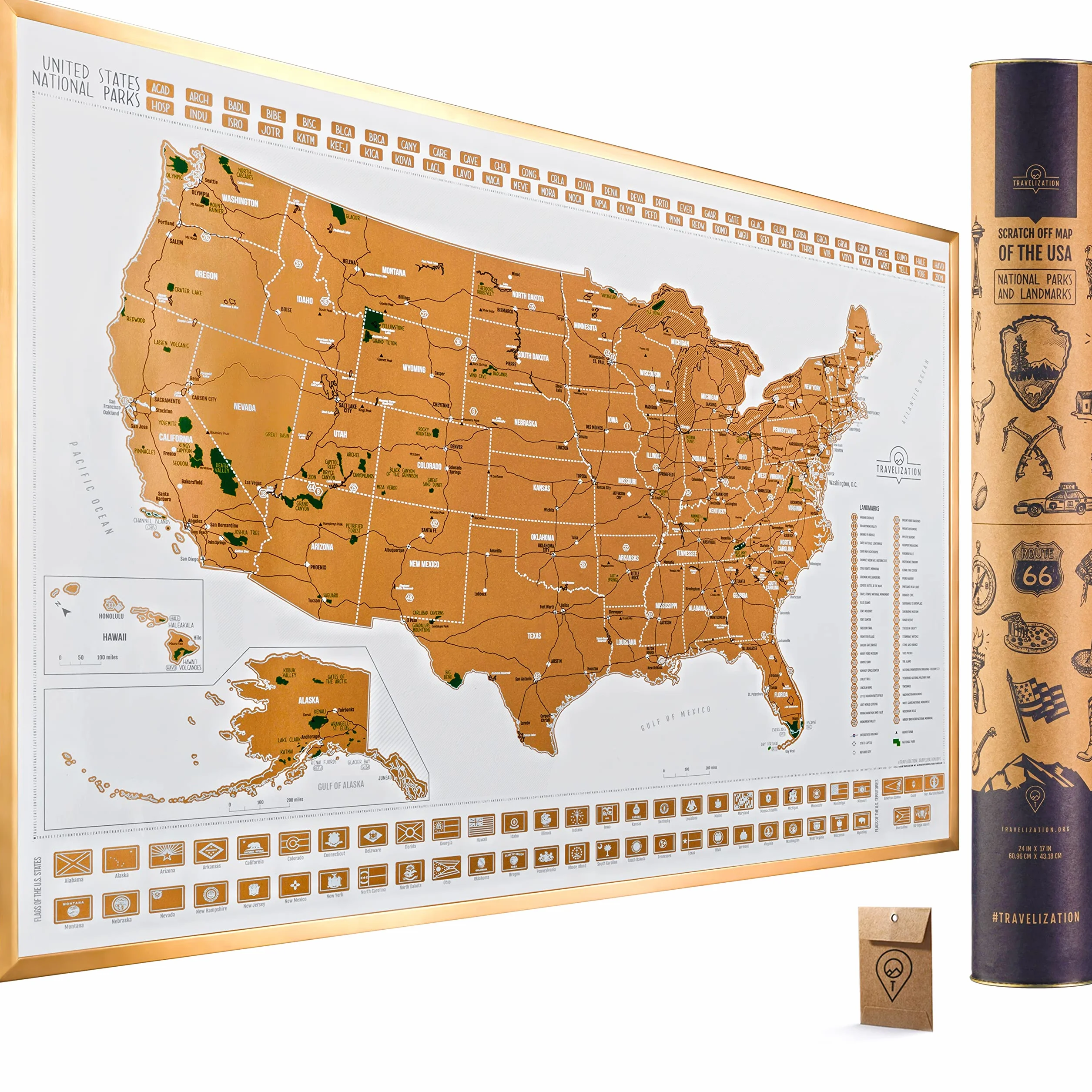 Travelization Mappa da grattare dei parchi nazionali degli Stati Uniti - Poster con mappa degli Stati Uniti da grattare 24 x 17 con parchi nazionali, monumenti, vette