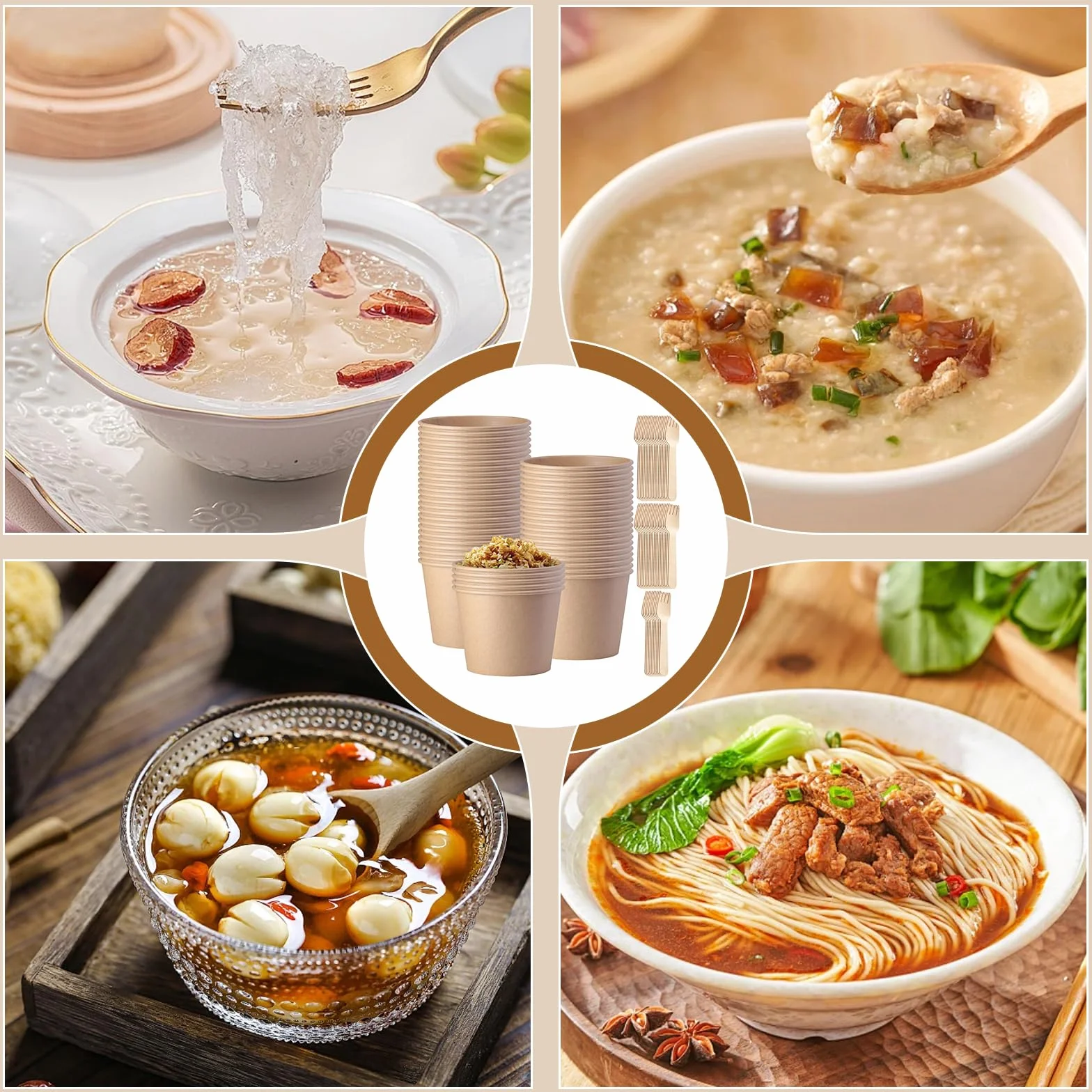 50 tazze da zuppa to go 240 ml carta kraft compostabili marroni rotonde con forchetta