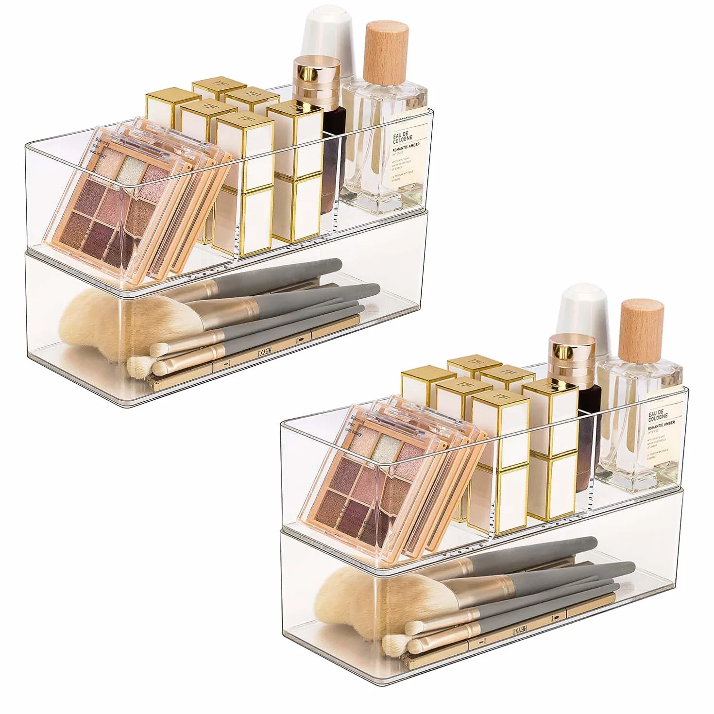JessLab Set da 4 Organizer per Cassetto in Acrilico, Scatole Trasparenti per Trucco, Gioielli e Forniture da Ufficio, Impilabili per Vanità, Bagno, 2 a 1 Scomparto & 2 a 3 Scomparti