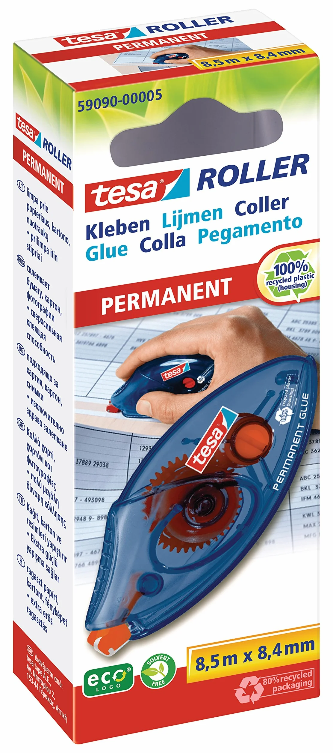 tesa Roller Colla Monouso Permanente ecoLogo - Rullo adesivo usa e getta 8,5 m x 8,4 mm