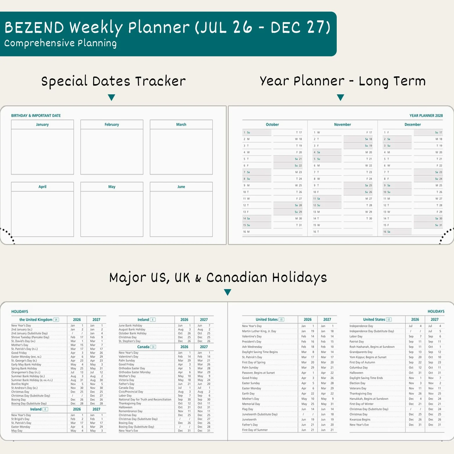 BEZEND Planner 2026 2027 settimanale e mensile (22,9 x 14 cm), calendario 18 mesi con calendario verticale giornaliero (26 luglio-27 dicembre), uguale spazio anche per il fine settimana, lavoro a casa