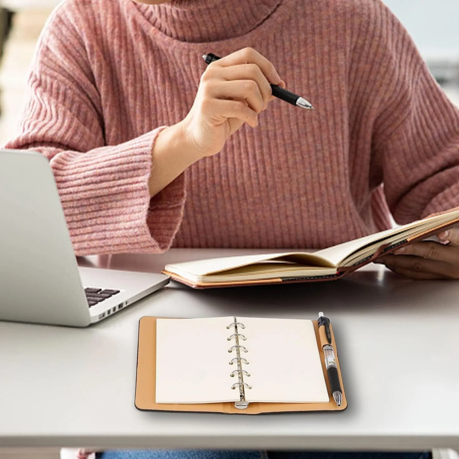 Taccuino A7 Ricaricabile in Pelle con 6 Anelli, Quaderno Tascabile, Blocco Note Portatile, per Ufficio e Scuola