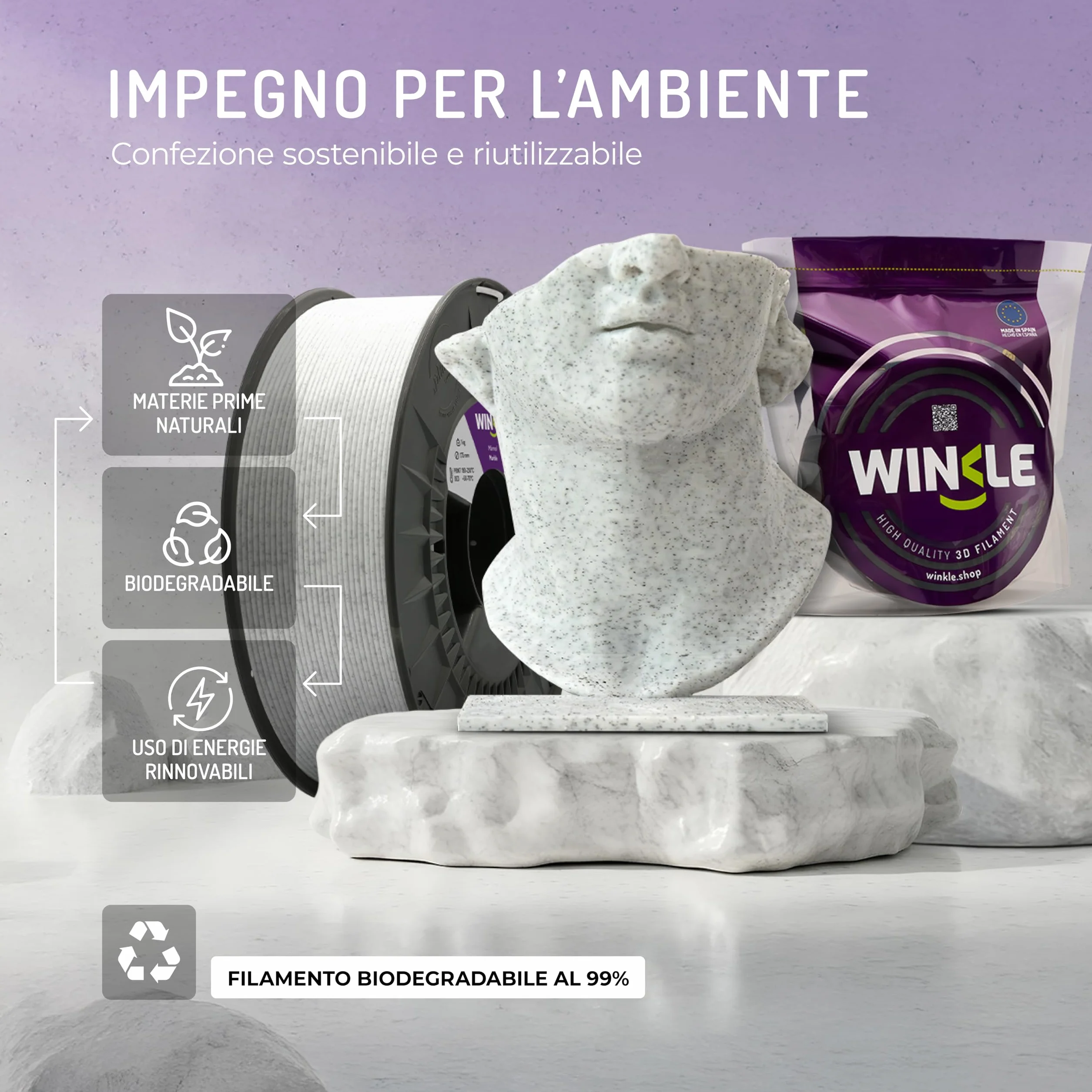 WINKLE Filamento PLA HD Texturizzato 1.75mm Marmo 300g per Stampante 3D FDM Precisione Dimensionale +/- 0.05mm