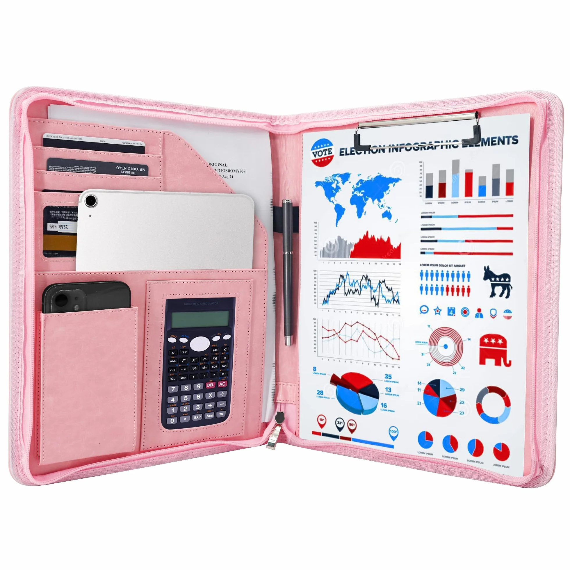 GraduatePro Porta Documenti A4 Pelle Portablocco Con Pinza Impermeabile Rosa