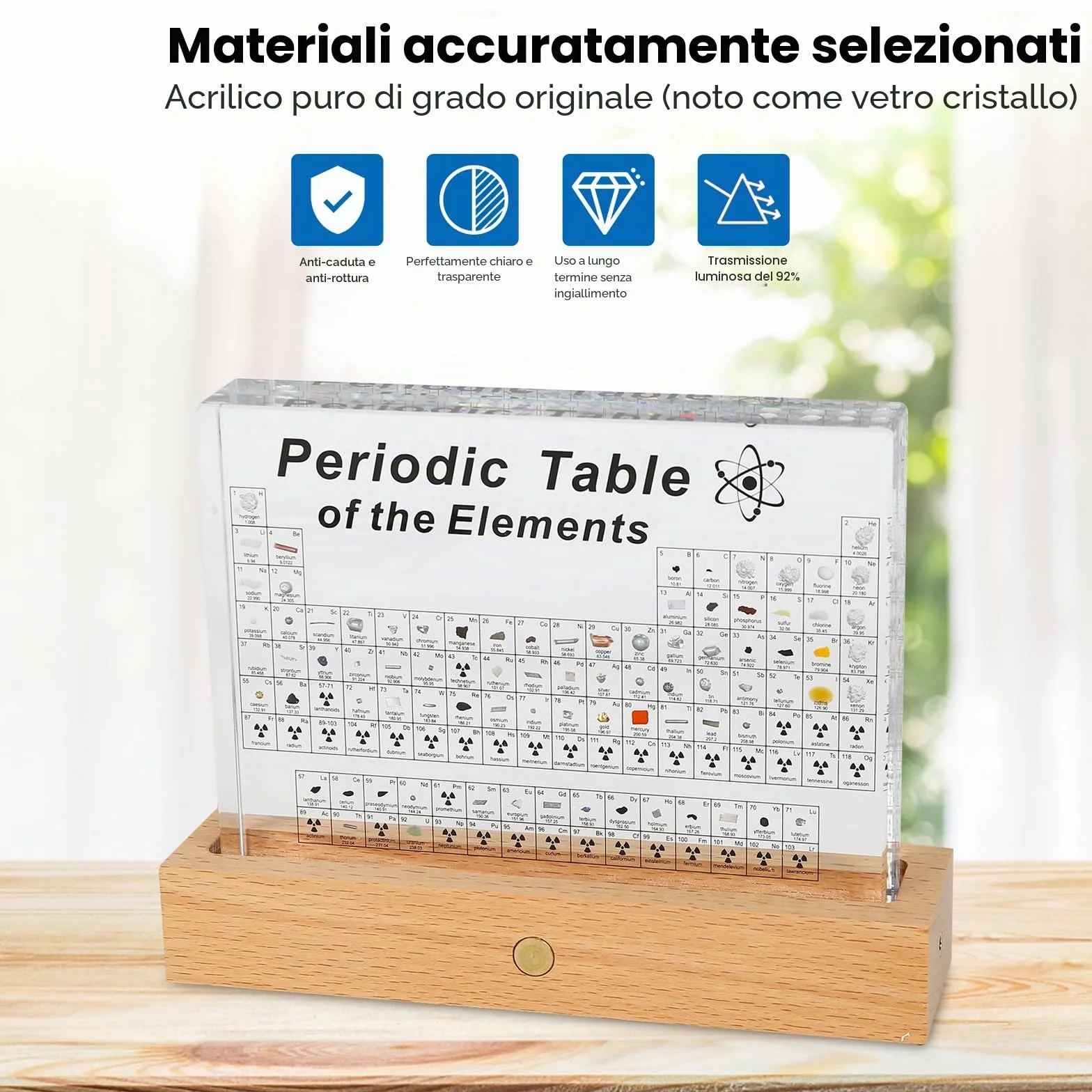 MENAYODA Ampia tavola periodica con veri campioni di elementi all'interno, tavolo periodico acrilico di 83 elementi, visualizzazione della tavola periodica per studenti, insegnanti, bambini, regali,