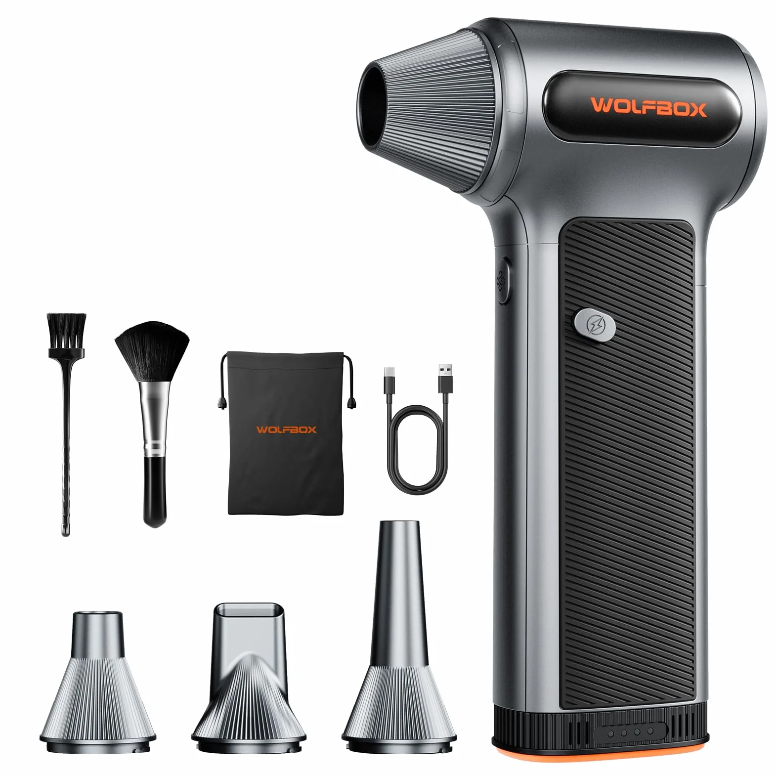WOLFBOX MF200 - Spolverino elettrico ad aria con batteria rimovibile e 4 ugelli, mini ventilatore senza fili regolabile a 3 velocità per tastiera del computer, pulizia auto, casa e uso esterno