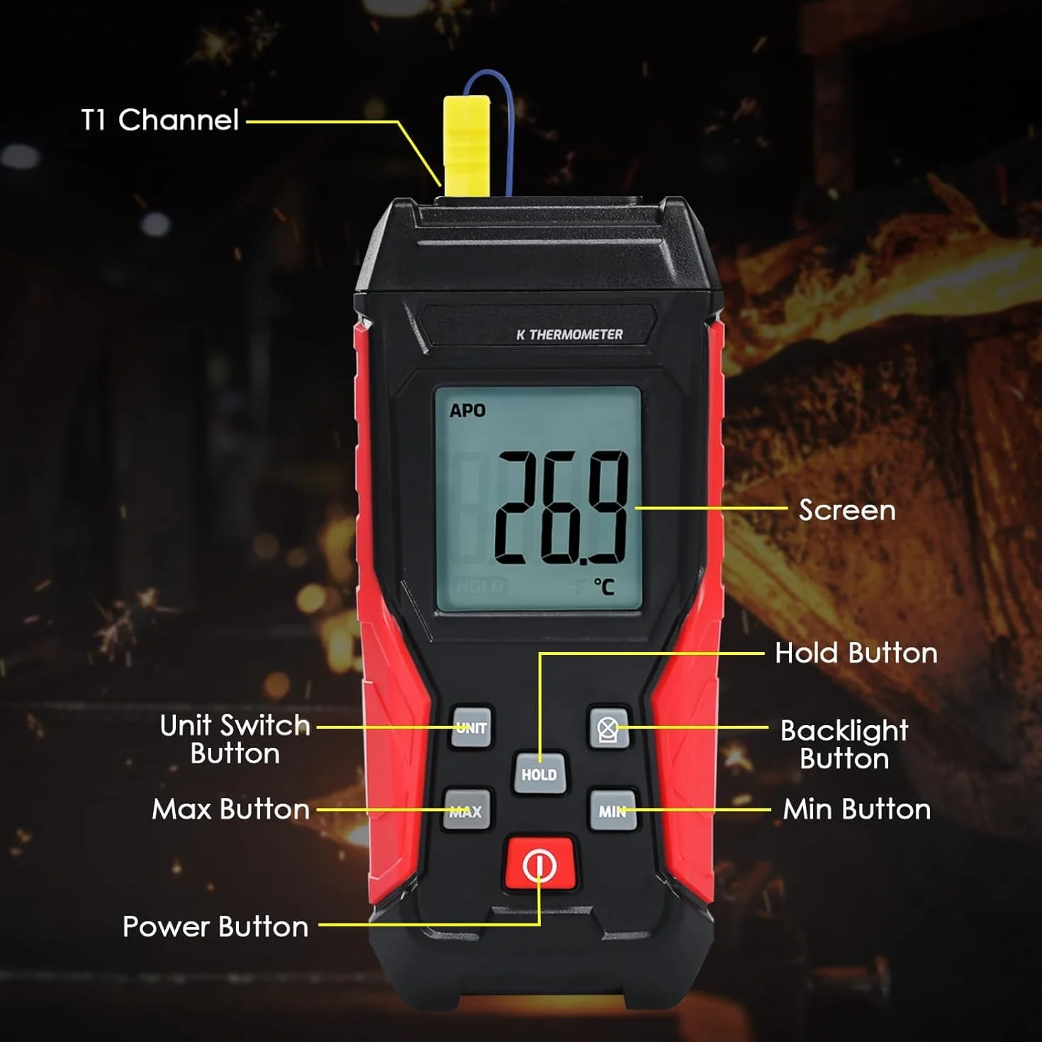 Termometro Digitale a Termocoppia Tipo K -328°F ~ 2501°F con Display LCD Retroilluminato Max/Min per HVAC
