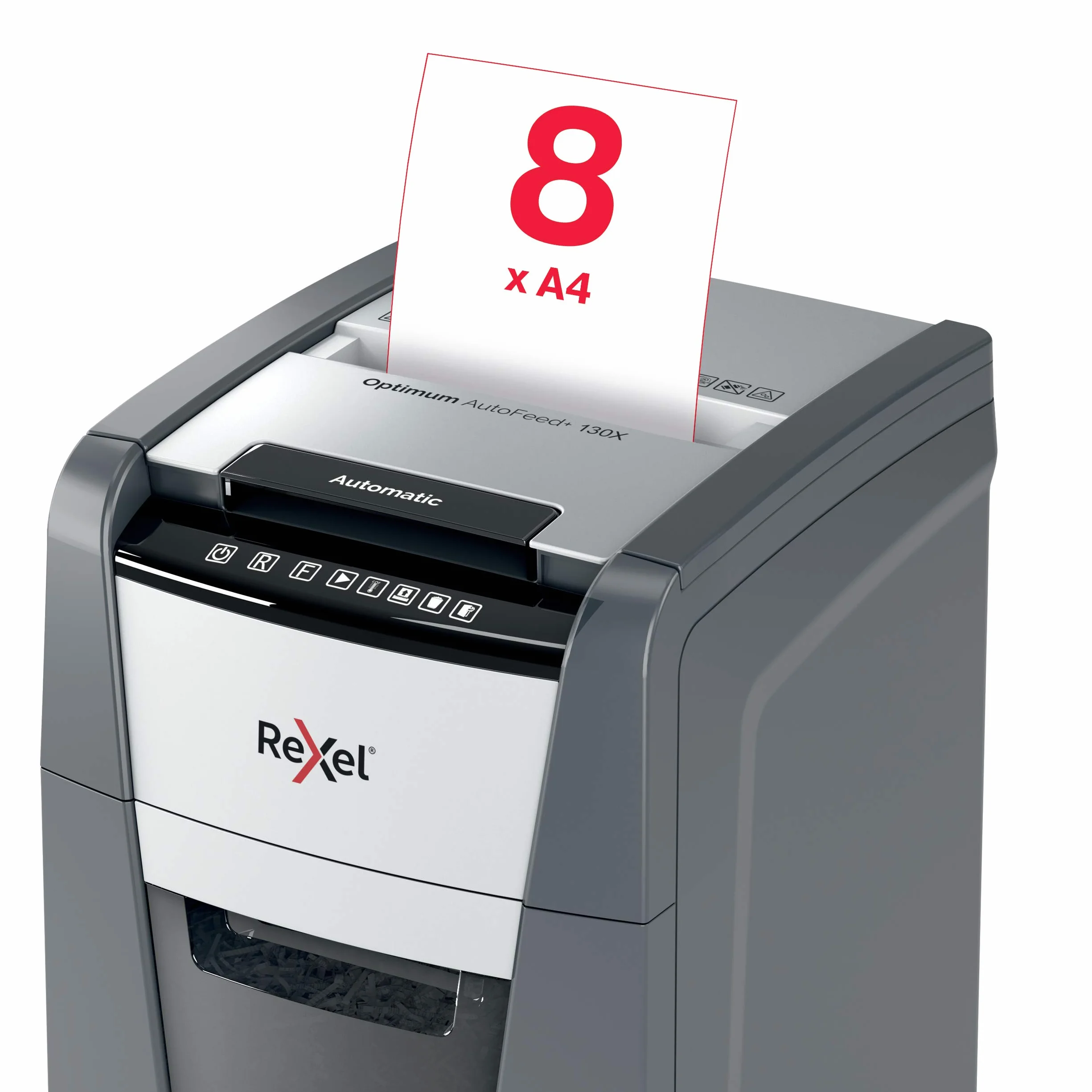 REXEL Optimum Auto Feed+ 130X, Distruggidocumenti Automatico, 130-150 Fogli (80-70 gr/mq), Taglio a Frammento, Livello di Sicurezza P-4, per Piccoli Uffici, Capacità 44 Litri, 2020130XEU