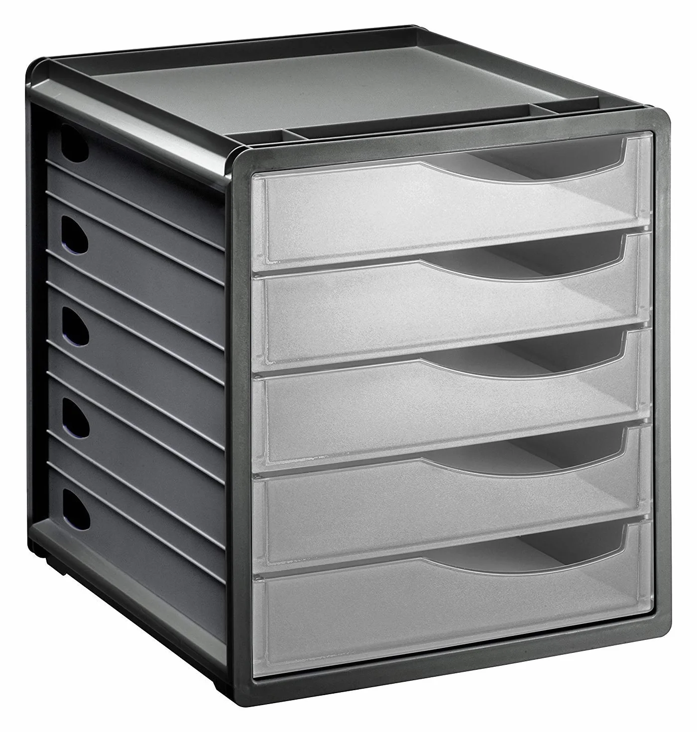 Rotho Spacemaker Cassettiera/Scatola da Ufficio con 5 Cassetti, Plastica (PS) senza BPA, Trasparente/Nero, 33.5 x 28.5 x 32.0 cm