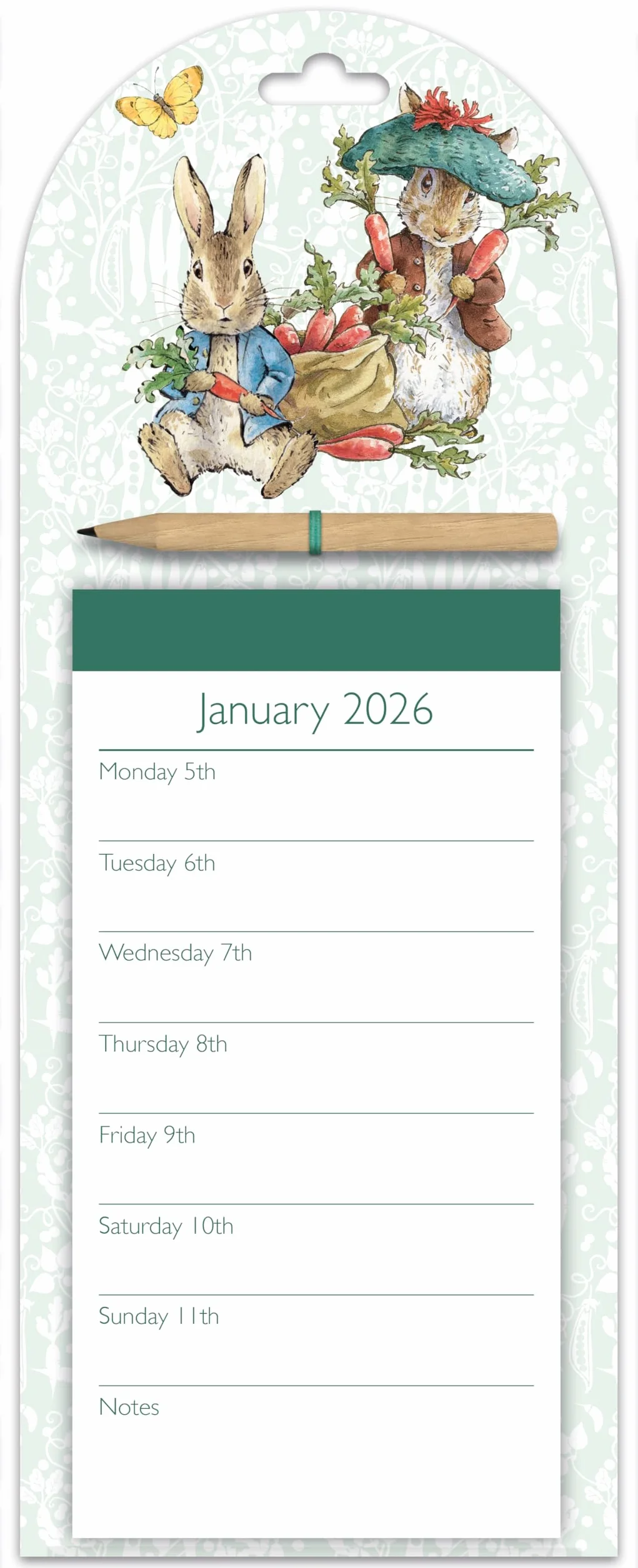 Calendario settimanale magnetico 2026 di Peter Rabbit, organizer da montare sul frigorifero con pagine strappabili, matita e opere d'arte di Beatrix Potter