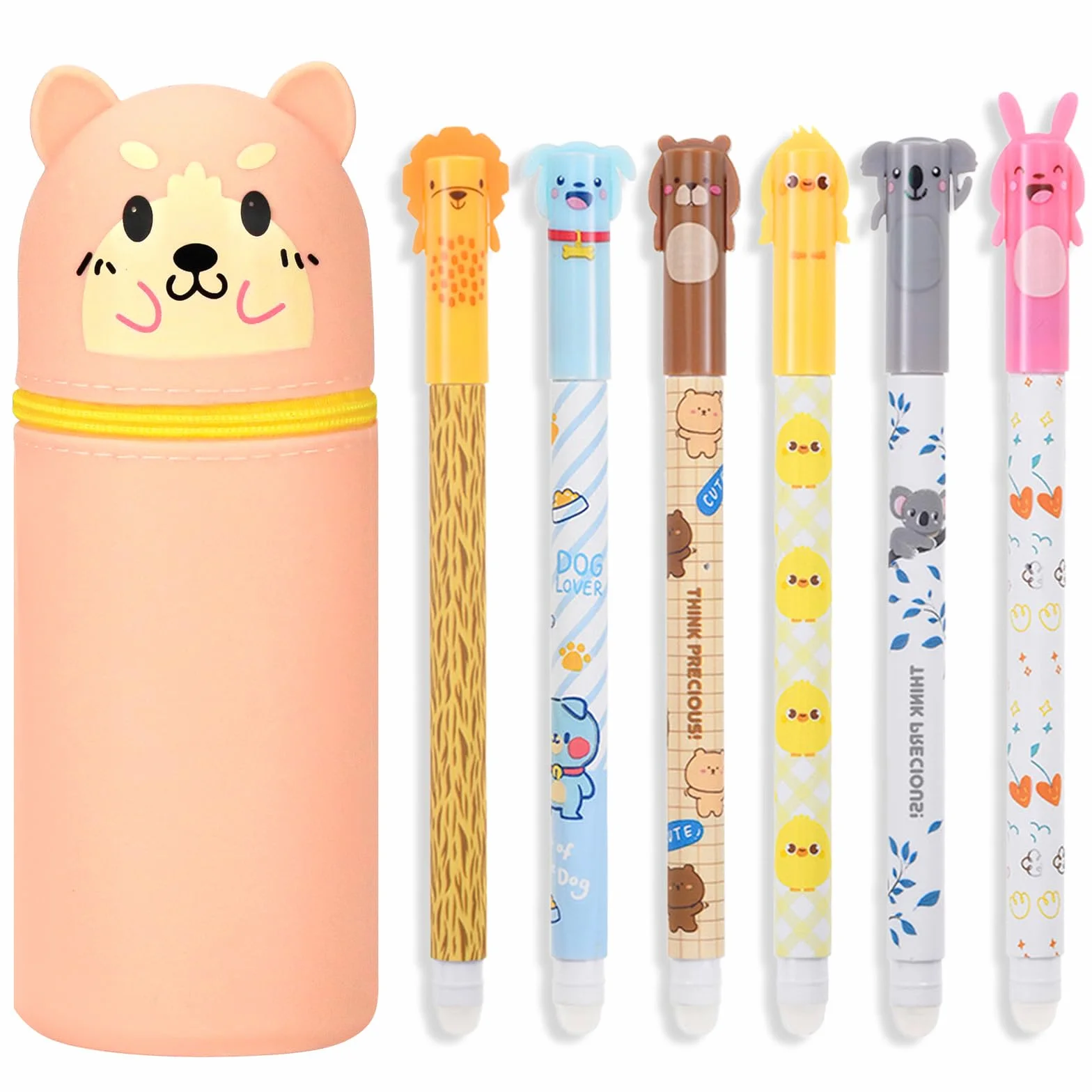 Set di penne gel cancellabili con testa di animale, 6 penne cancellabili + astuccio in silicone 2 in 1, per ragazze, cancellabile in gel da 0,5 mm, nero, portapenne, per scuola, università, ufficio