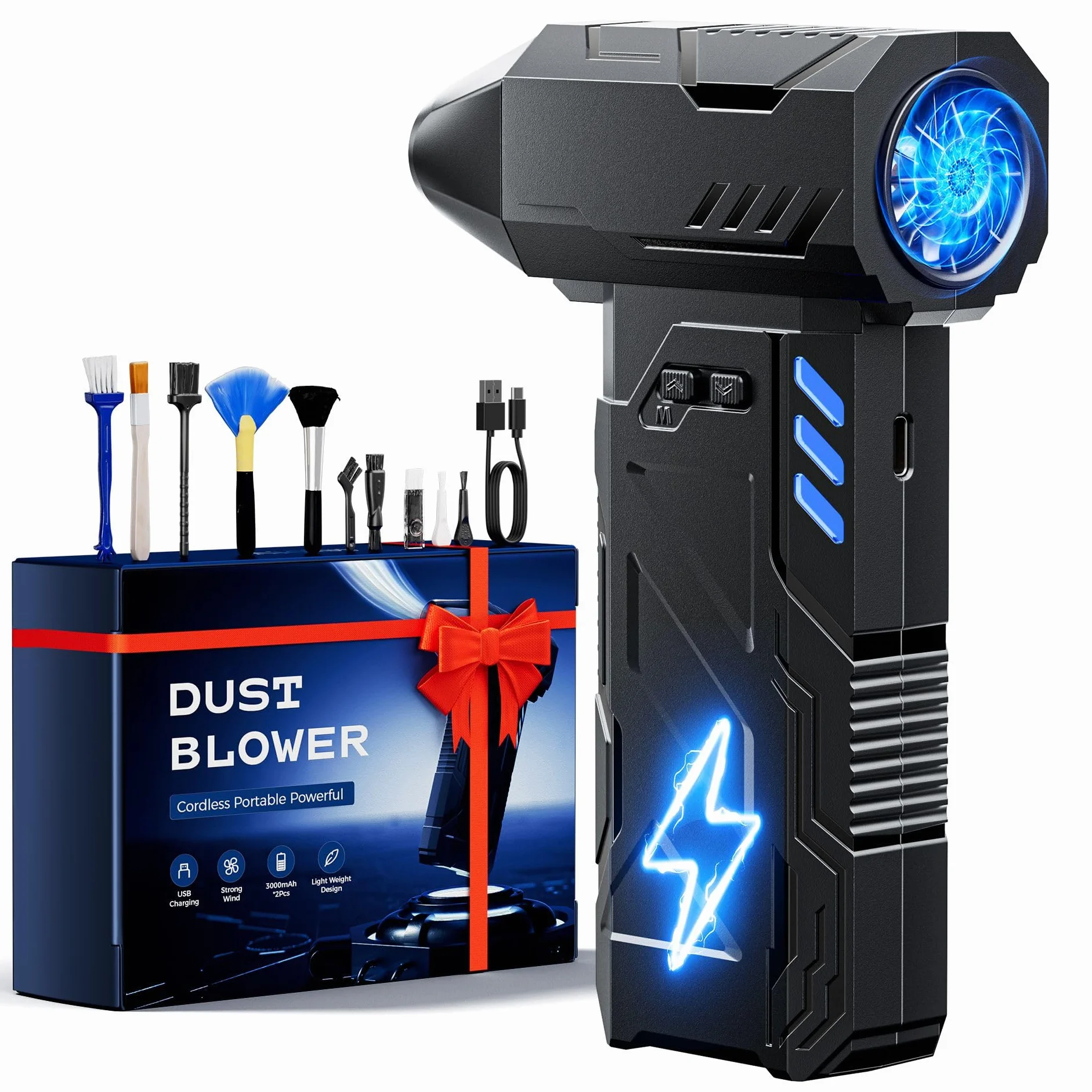 Aria Compressa Elettrico, 180000 RPM Aria Compressa Spray con Batteria da 6000 mAh, kit di Pulizia Della Tastiera a 3 Velocità, Potente Kit Pulizia PC, Divano, Tastiera, Auto