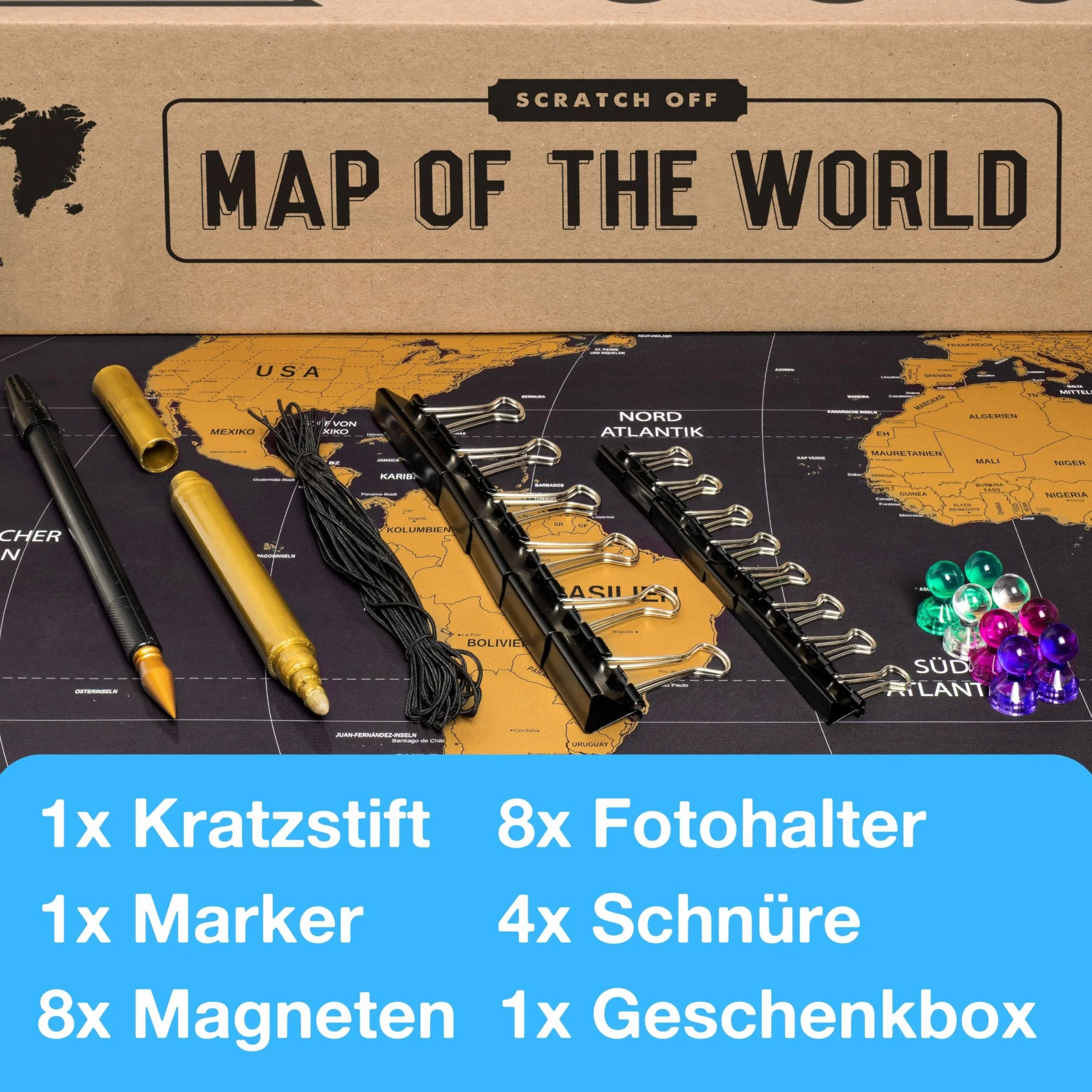 envami® Mappa del mondo da grattare XXL con accessori, in tedesco, 80 x 60 cm, prodotta in Germania, mappa del mondo da grattare, mappa del mondo da grattare