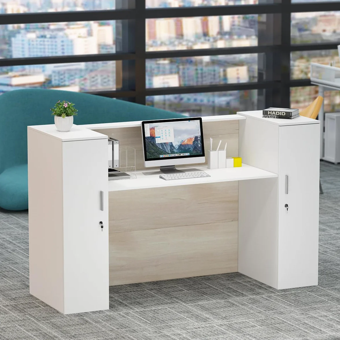 Banco di reception, grandi banchi con ripiani regolabili, bancone della reception, mobili da ufficio, colore legno e bianco, 180 x 60 x 110 cm, MDF, moderno ed elegante