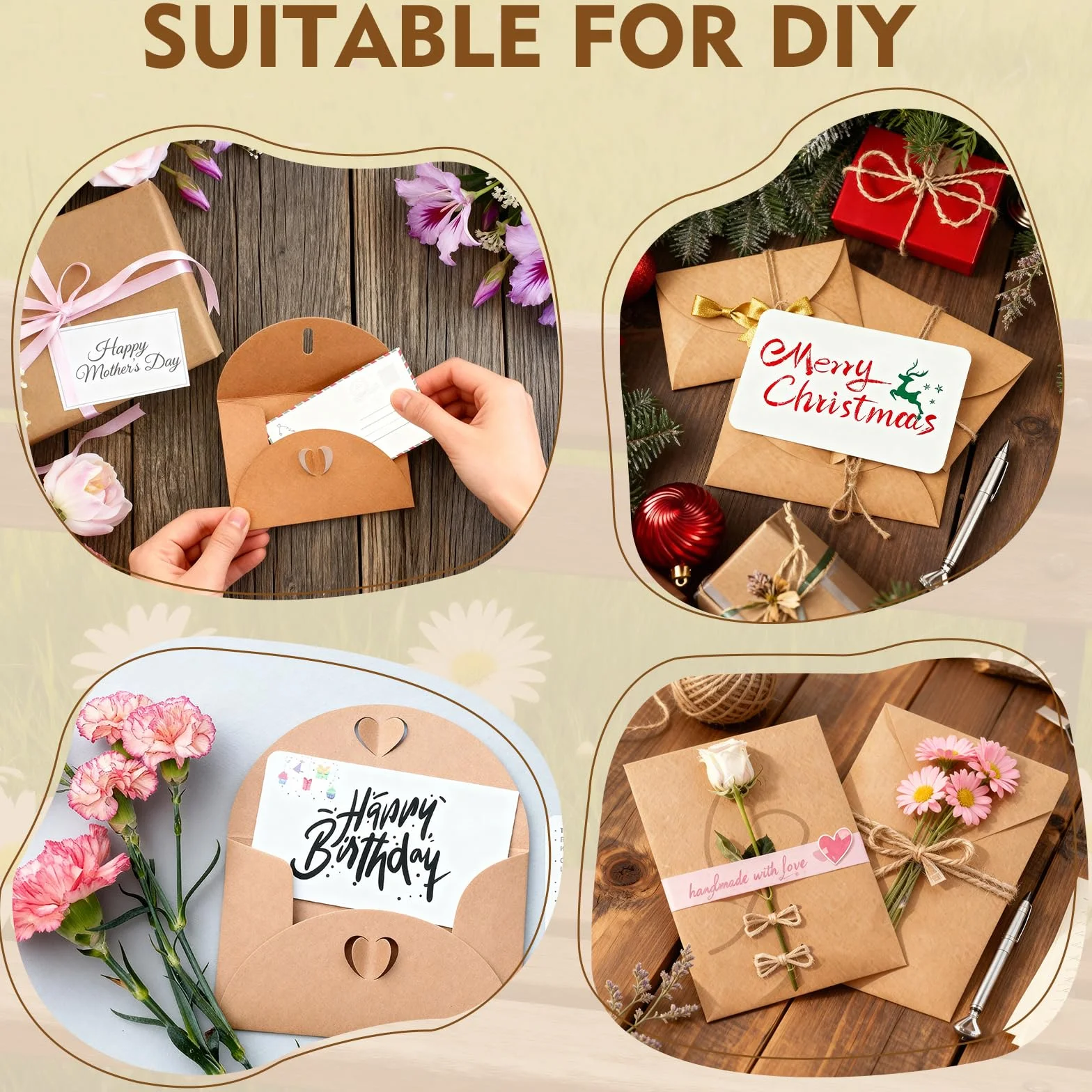 60 Pièces Mini Bustes in Carta Kraft con 60 Biglietti Bianchi, Buste con Chiusura a Cuore per Regalo, Feste, Matrimonio, Natale